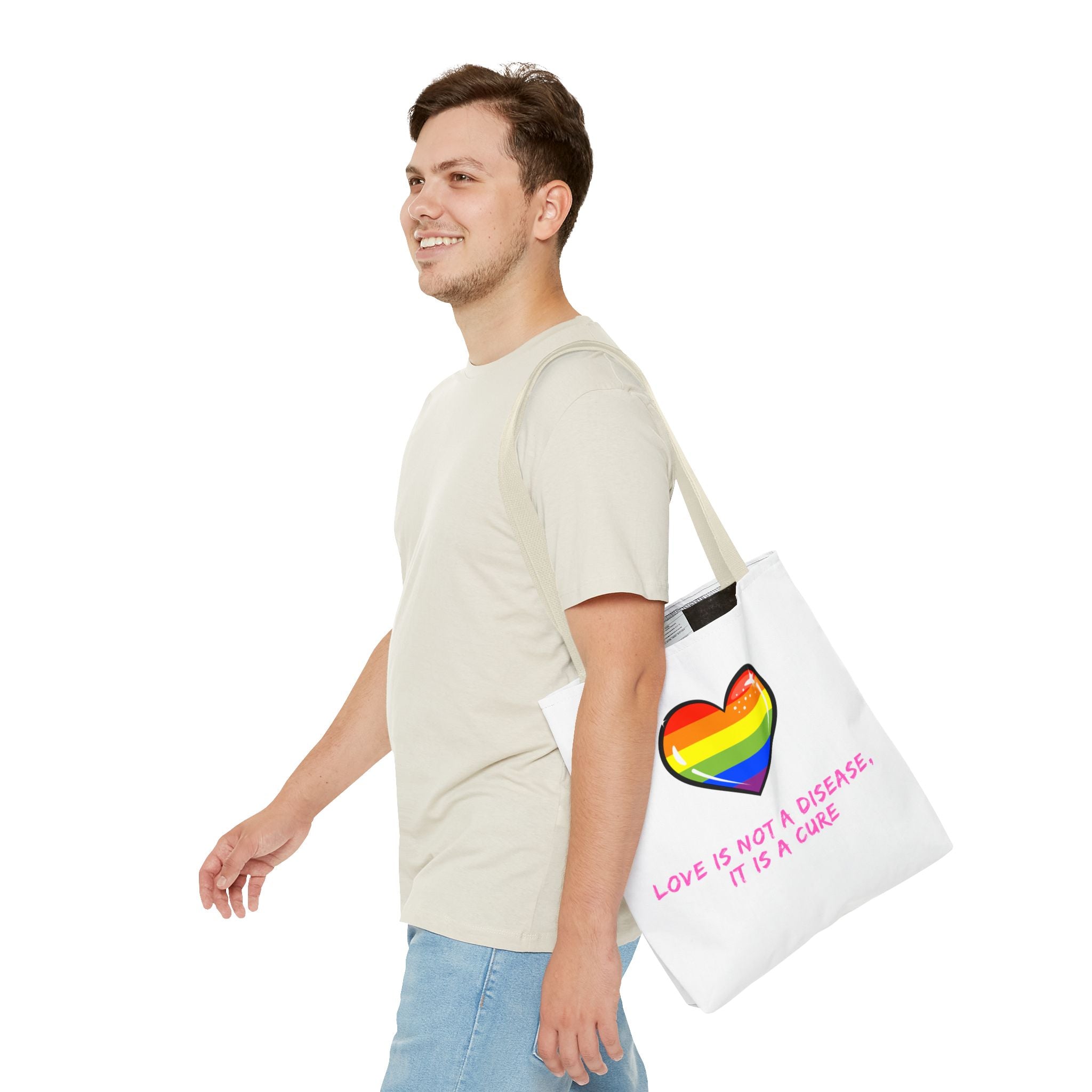 Rainbow Heart Pride Tote Bag – “Love Is Not a Disease, It Is a Cure”, Durable Polyester, Multiple Sizes | Inclusive LGBTQIA+ Accessory | Voce Lindx