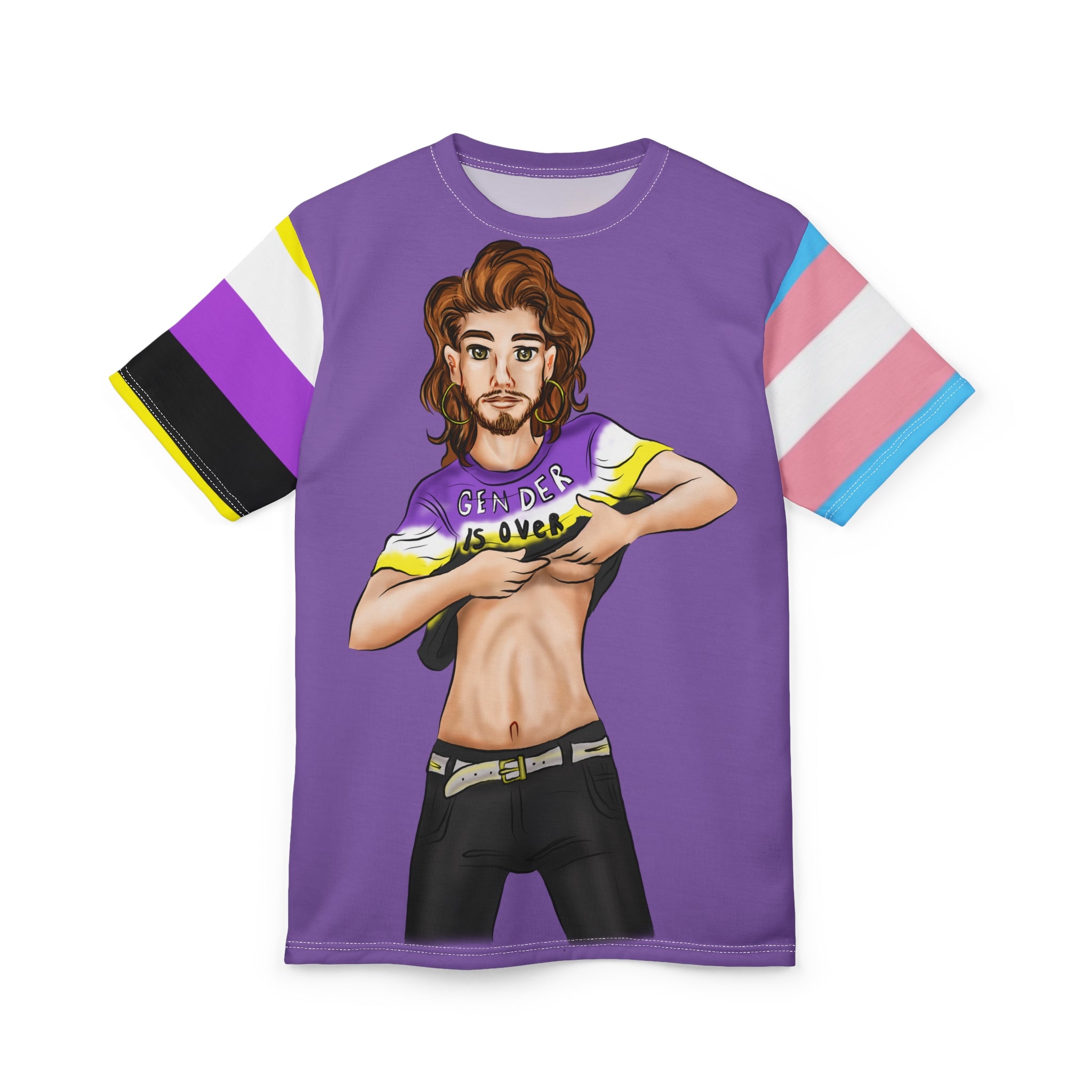 Gender Is Over Gender-Free Tee – Nonbinary & Trans Pride Sleeves, Inclusive LGBTQIA+ Art, Lightweight Polyester | Voce Lindx