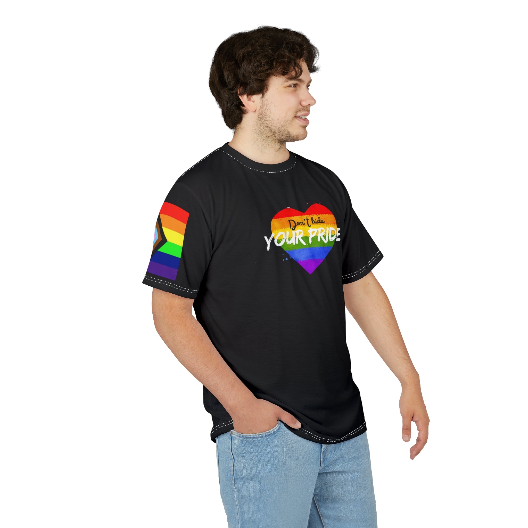 Don’t Hide Your Pride Gender-Free Tee – Rainbow Heart, Inclusive LGBTQIA+ Fashion | Voce Lindx