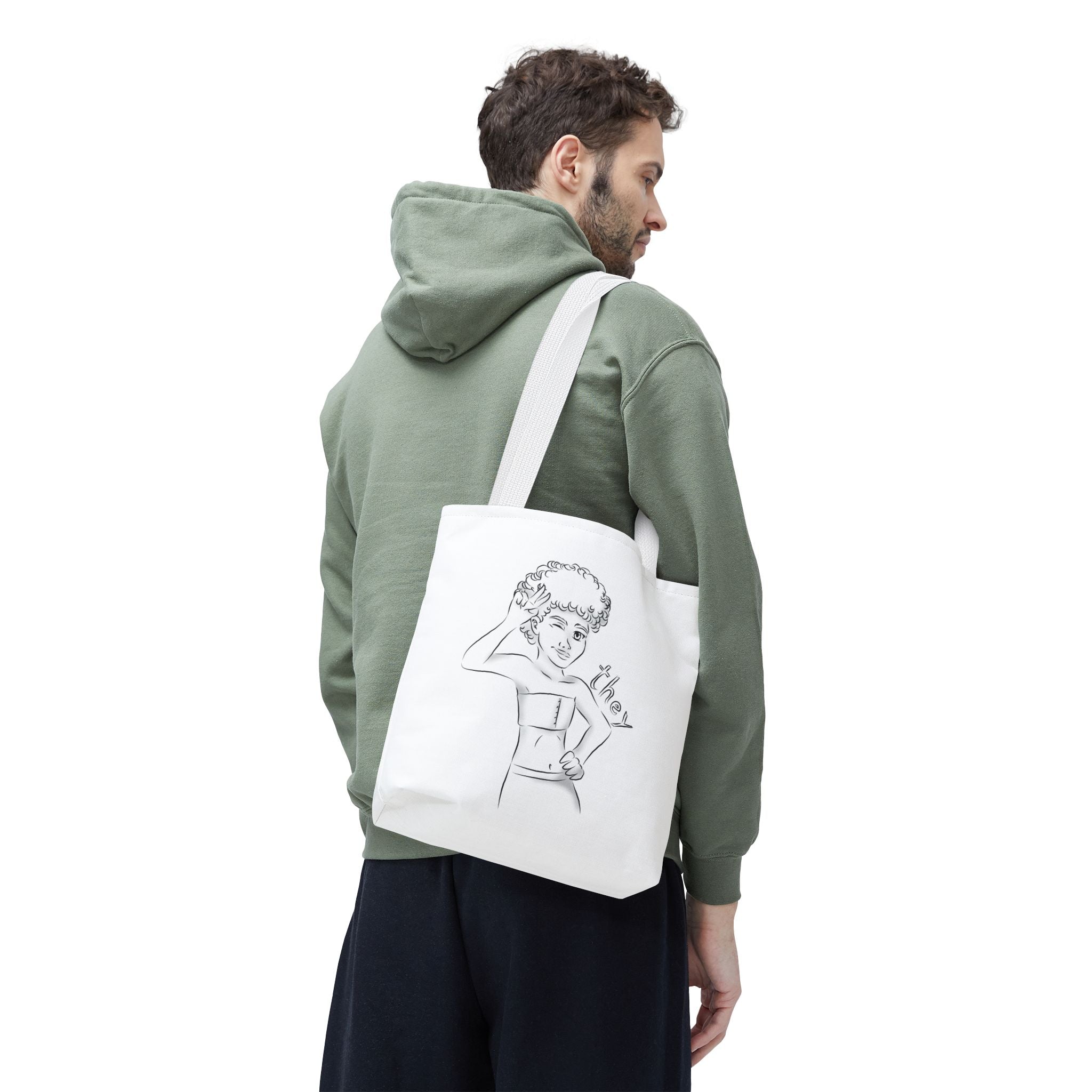 They Pronoun Tote Bag – Gender-Free, Black Line Art, Durable Polyester, Multiple Sizes | Inclusive LGBTQIA+ Accessory | Voce Lindx
