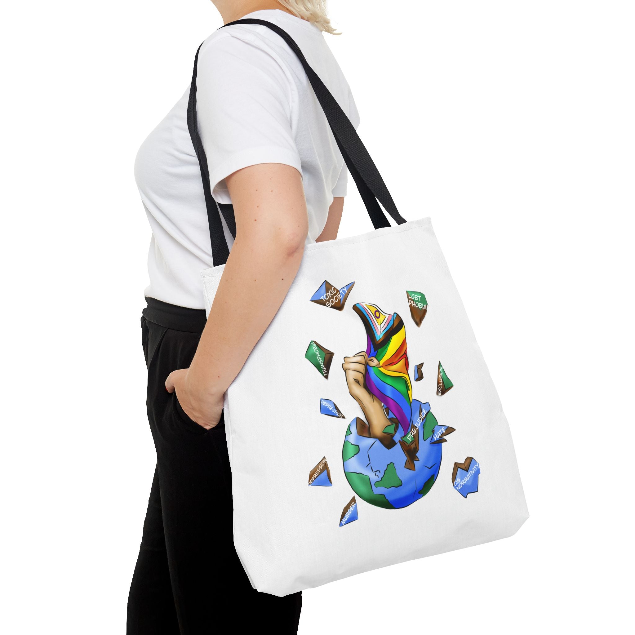 Progress Pride Flag Tote Bag – Breaking Barriers Art, Durable Polyester, Multiple Sizes | Inclusive LGBTQIA+ Accessory | Voce Lindx