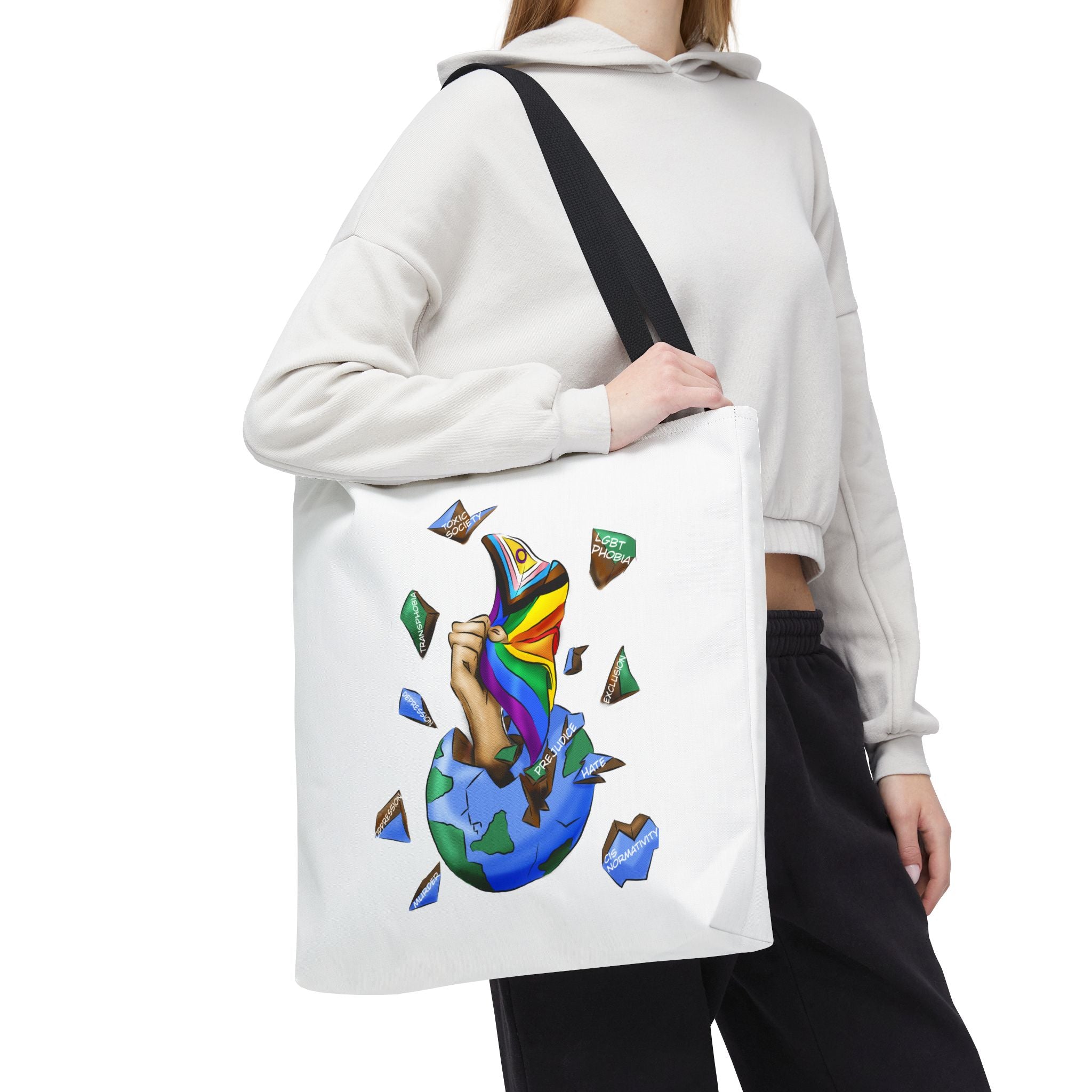 Progress Pride Flag Tote Bag – Breaking Barriers Art, Durable Polyester, Multiple Sizes | Inclusive LGBTQIA+ Accessory | Voce Lindx