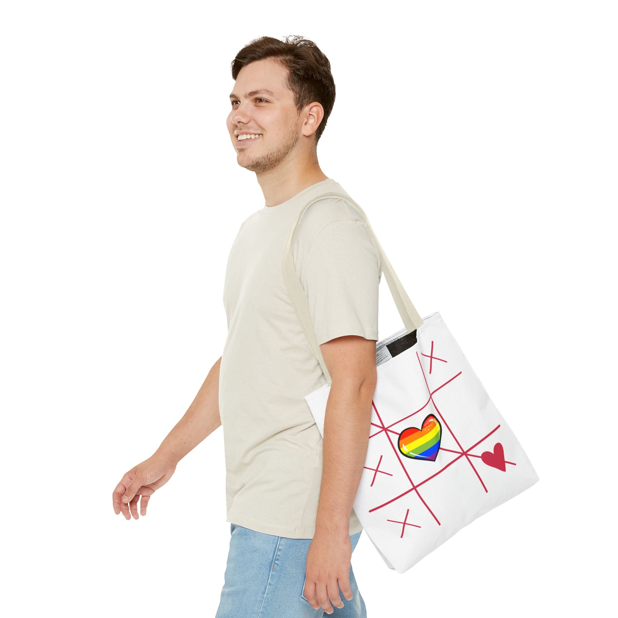Rainbow Love Tote Bag – Tic Tac Toe Heart, Durable Polyester, Multiple Sizes | Inclusive LGBTQIA+ Accessory | Voce Lindx