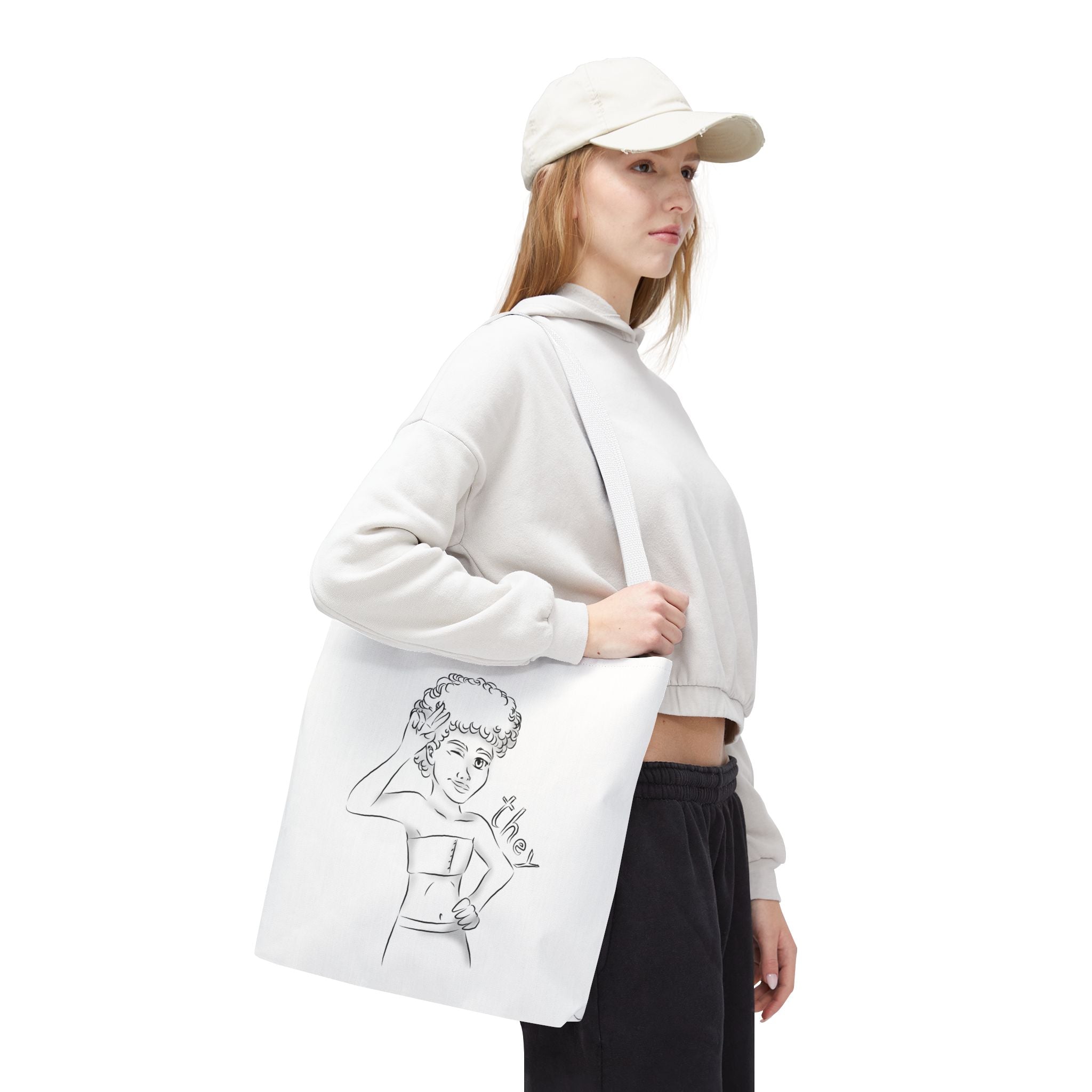 They Pronoun Tote Bag – Gender-Free, Black Line Art, Durable Polyester, Multiple Sizes | Inclusive LGBTQIA+ Accessory | Voce Lindx