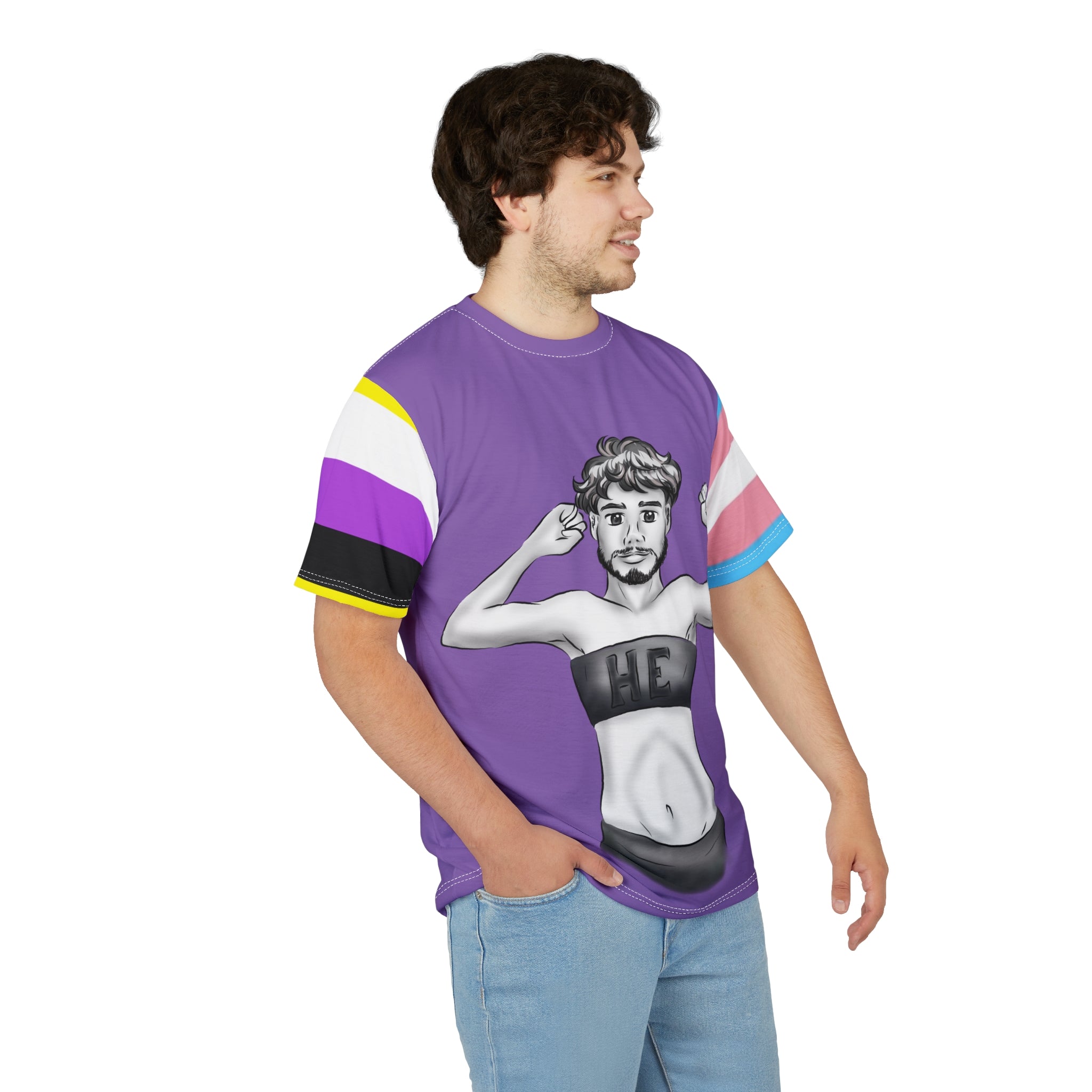 HE Gender-Free Pride Tee – Trans & Nonbinary Flag Sleeves, Inclusive LGBTQIA+ Fashion | Voce Lindx