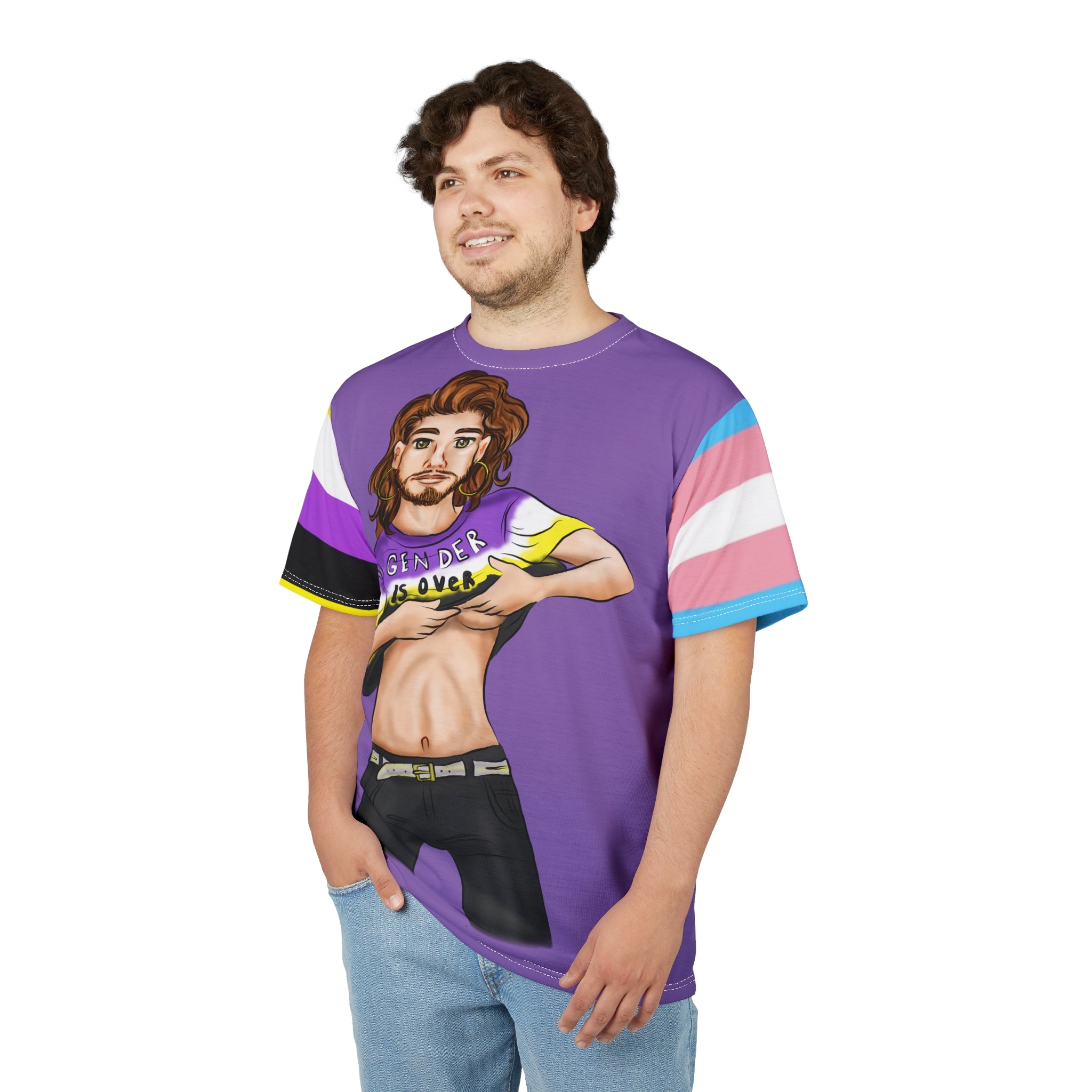 Gender Is Over Gender-Free Tee – Nonbinary & Trans Pride Sleeves, Inclusive LGBTQIA+ Art, Lightweight Polyester | Voce Lindx