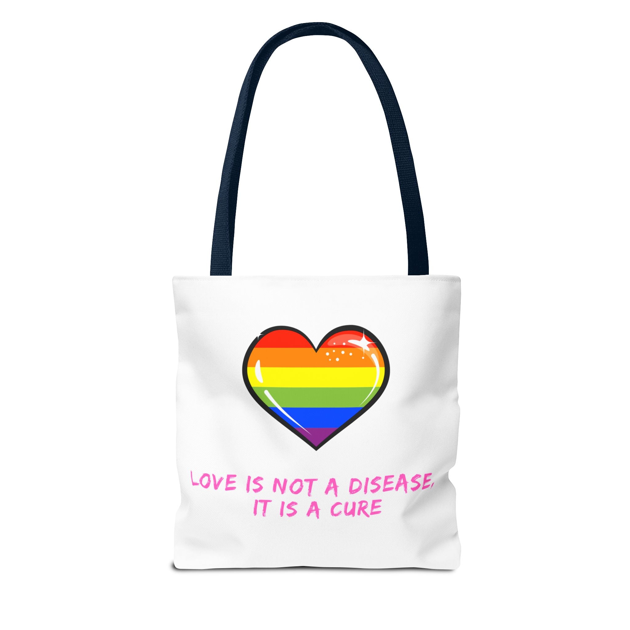 Rainbow Heart Pride Tote Bag – “Love Is Not a Disease, It Is a Cure”, Durable Polyester, Multiple Sizes | Inclusive LGBTQIA+ Accessory | Voce Lindx