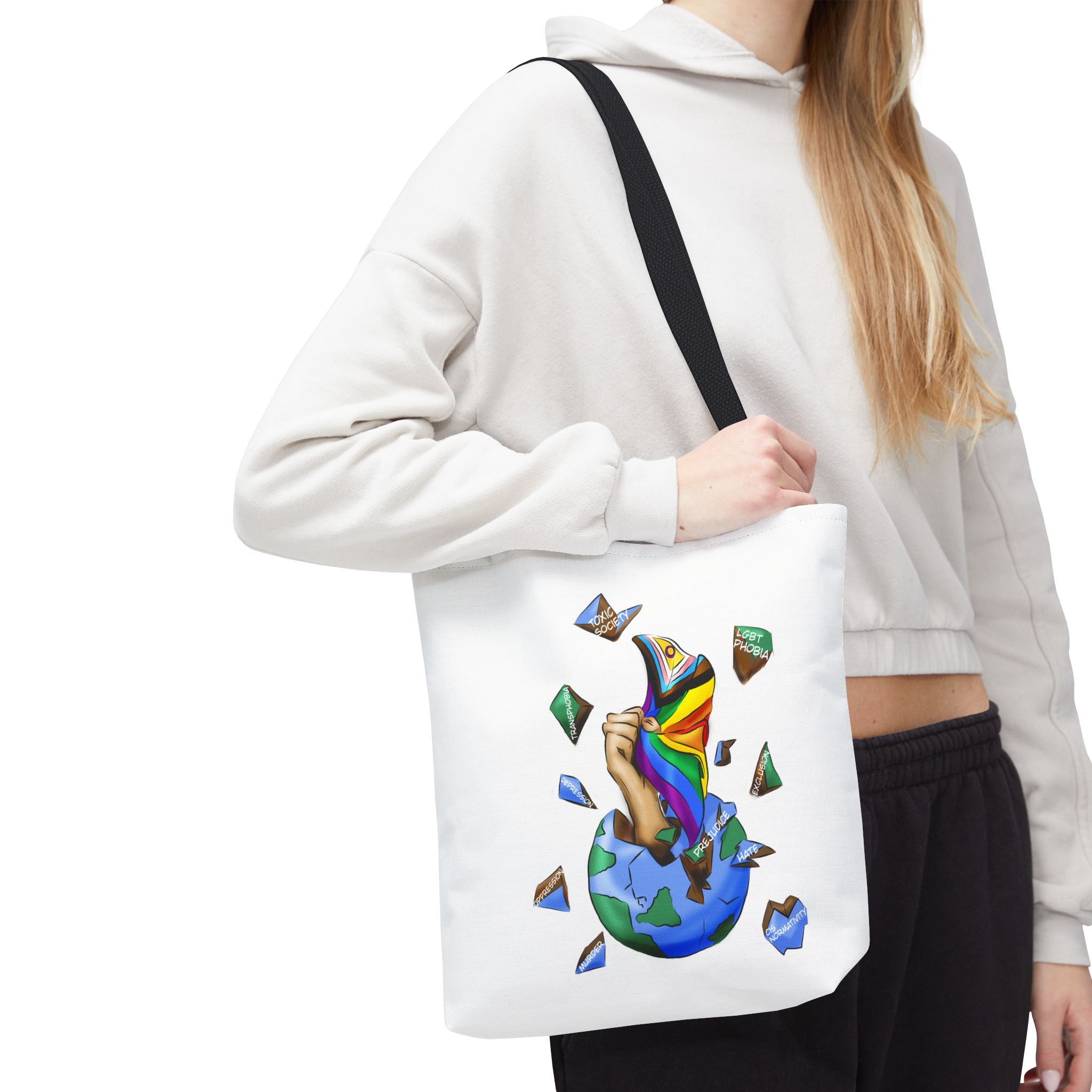 Progress Pride Flag Tote Bag – Breaking Barriers Art, Durable Polyester, Multiple Sizes | Inclusive LGBTQIA+ Accessory | Voce Lindx