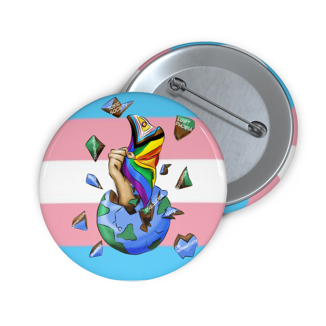 Resistance Pride Pin Button – Gender-Free, Progress & Trans Flag Art, Glossy Metal, Multiple Sizes | Voce Lindx