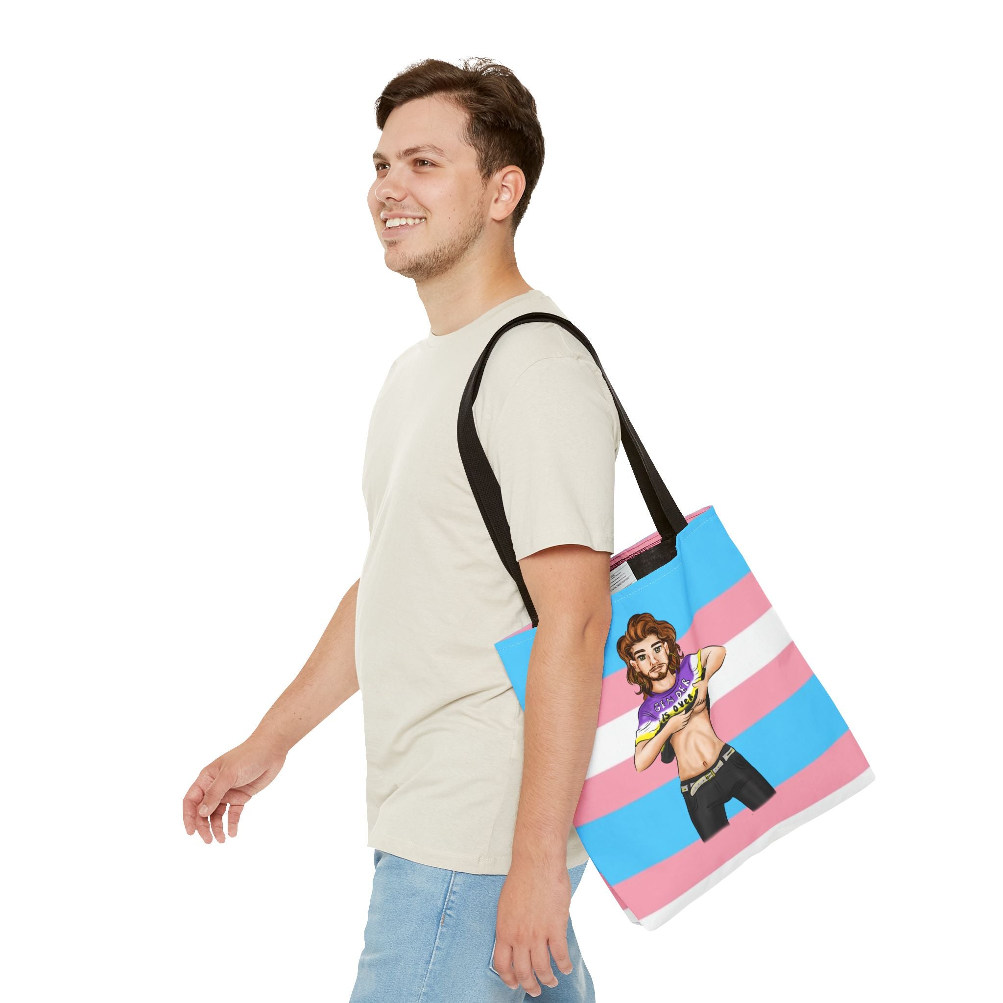 Trans Pride Tote Bag – “Gender Is Over” Art, Durable Polyester, Multiple Sizes | Inclusive LGBTQIA+ Accessory | Voce Lindx