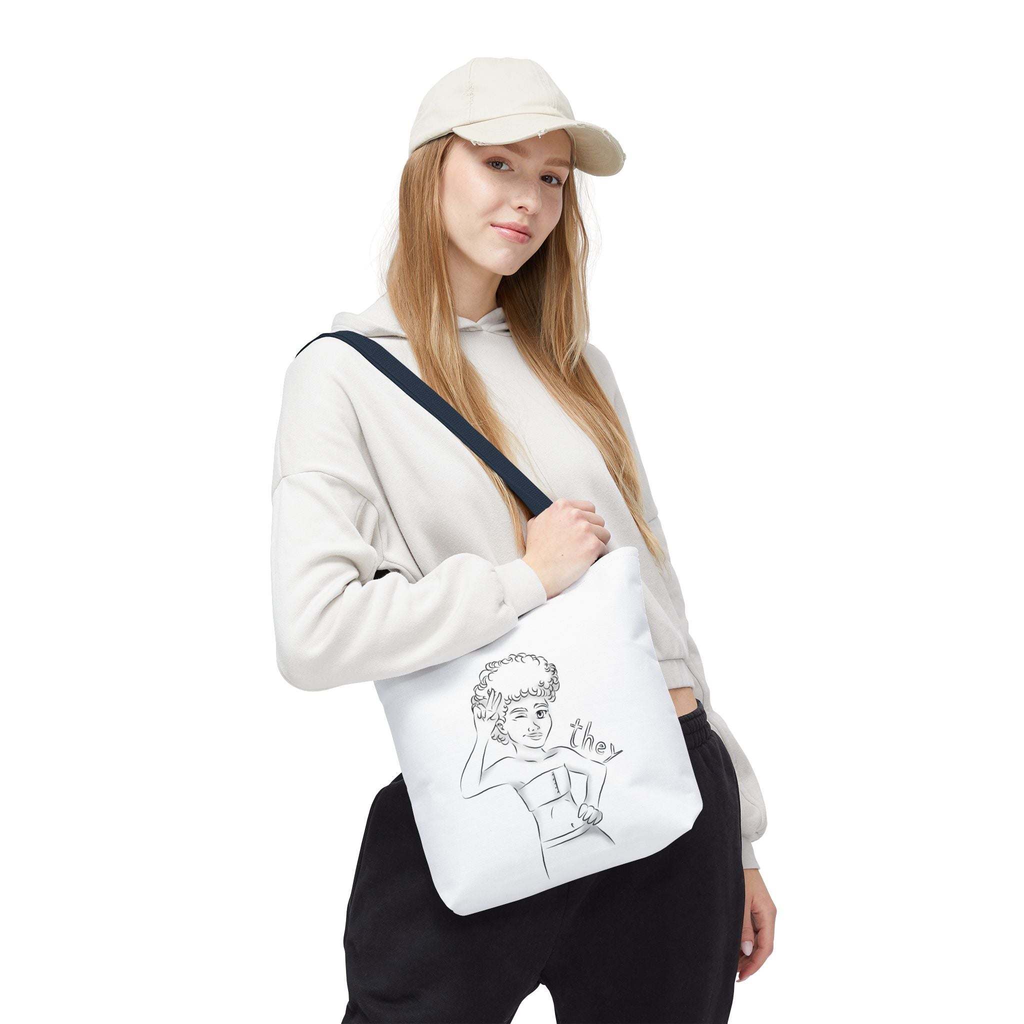 They Pronoun Tote Bag – Gender-Free, Black Line Art, Durable Polyester, Multiple Sizes | Inclusive LGBTQIA+ Accessory | Voce Lindx