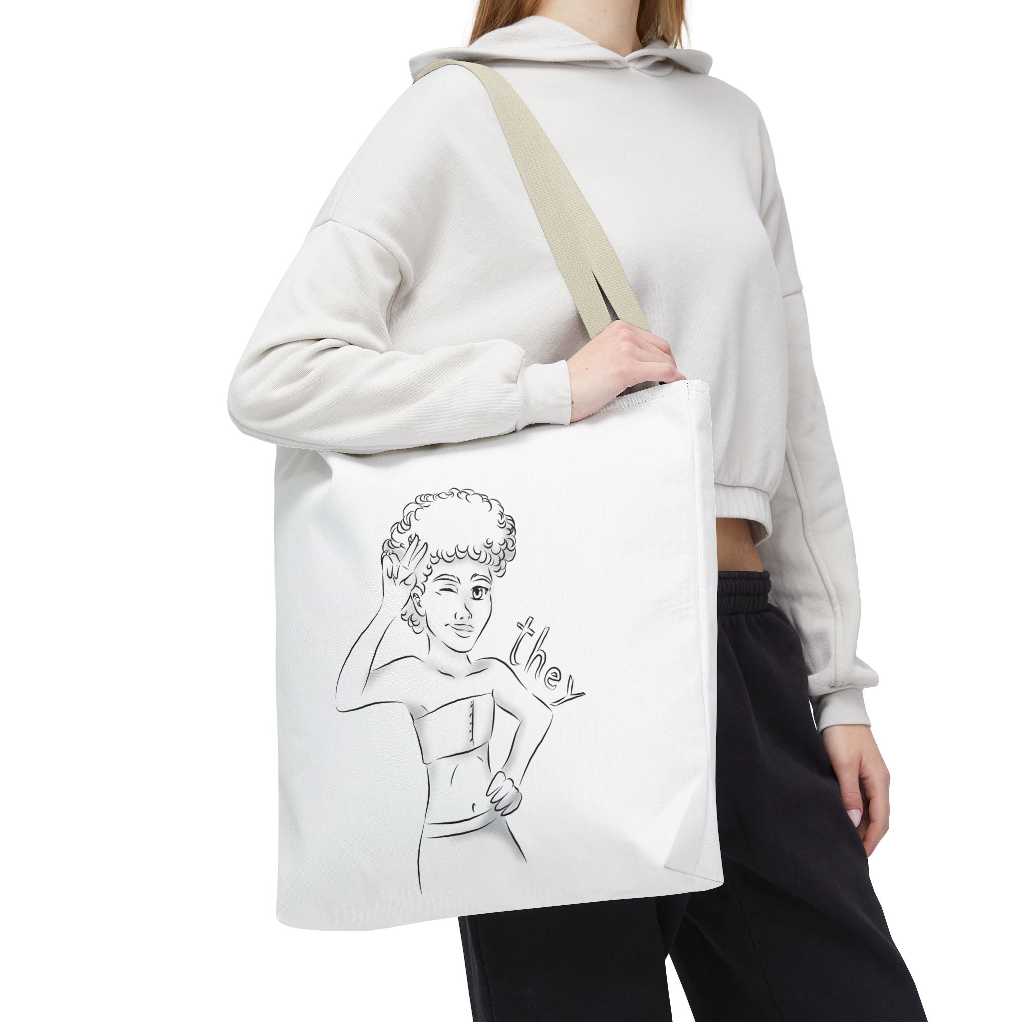 They Pronoun Tote Bag – Gender-Free, Black Line Art, Durable Polyester, Multiple Sizes | Inclusive LGBTQIA+ Accessory | Voce Lindx