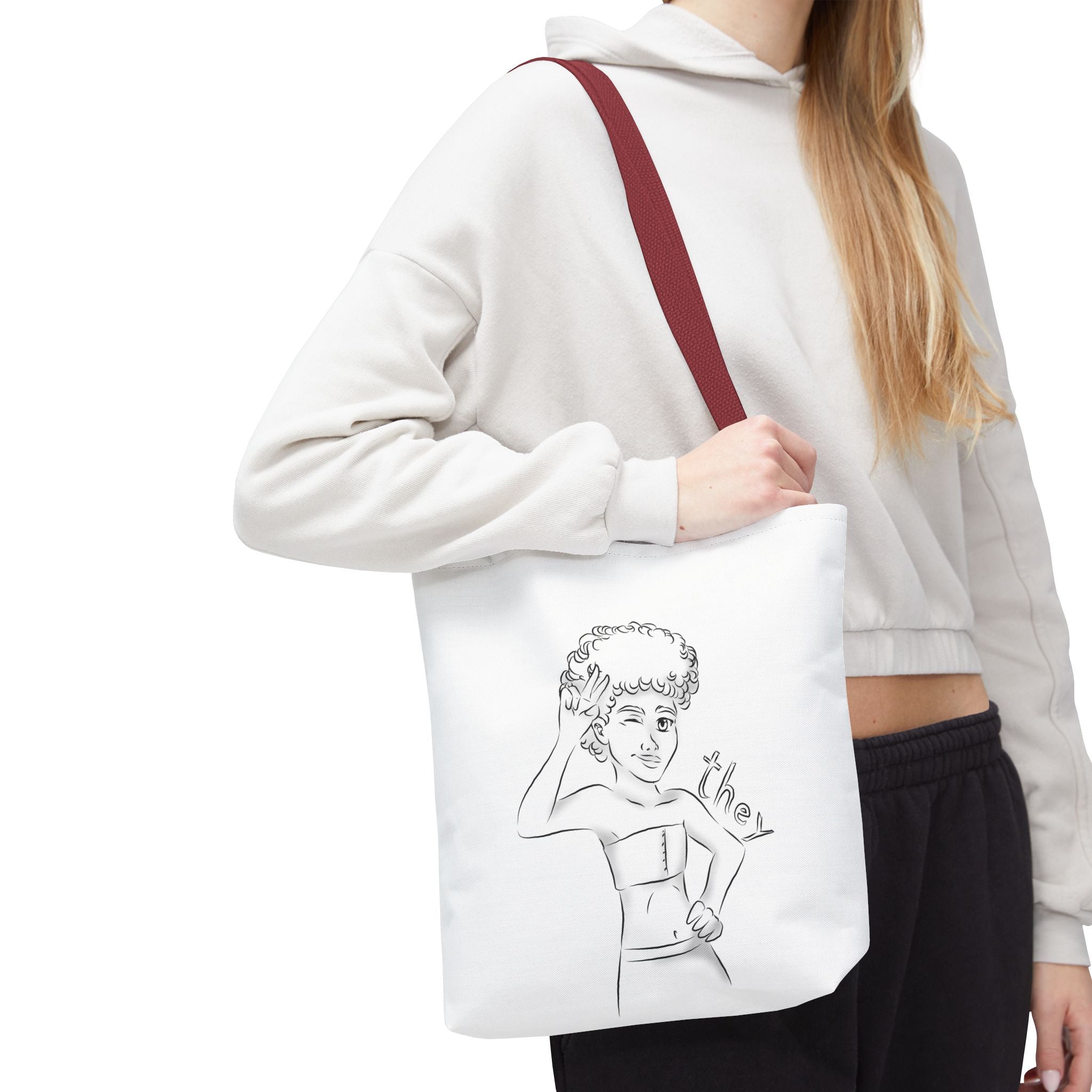 They Pronoun Tote Bag – Gender-Free, Black Line Art, Durable Polyester, Multiple Sizes | Inclusive LGBTQIA+ Accessory | Voce Lindx