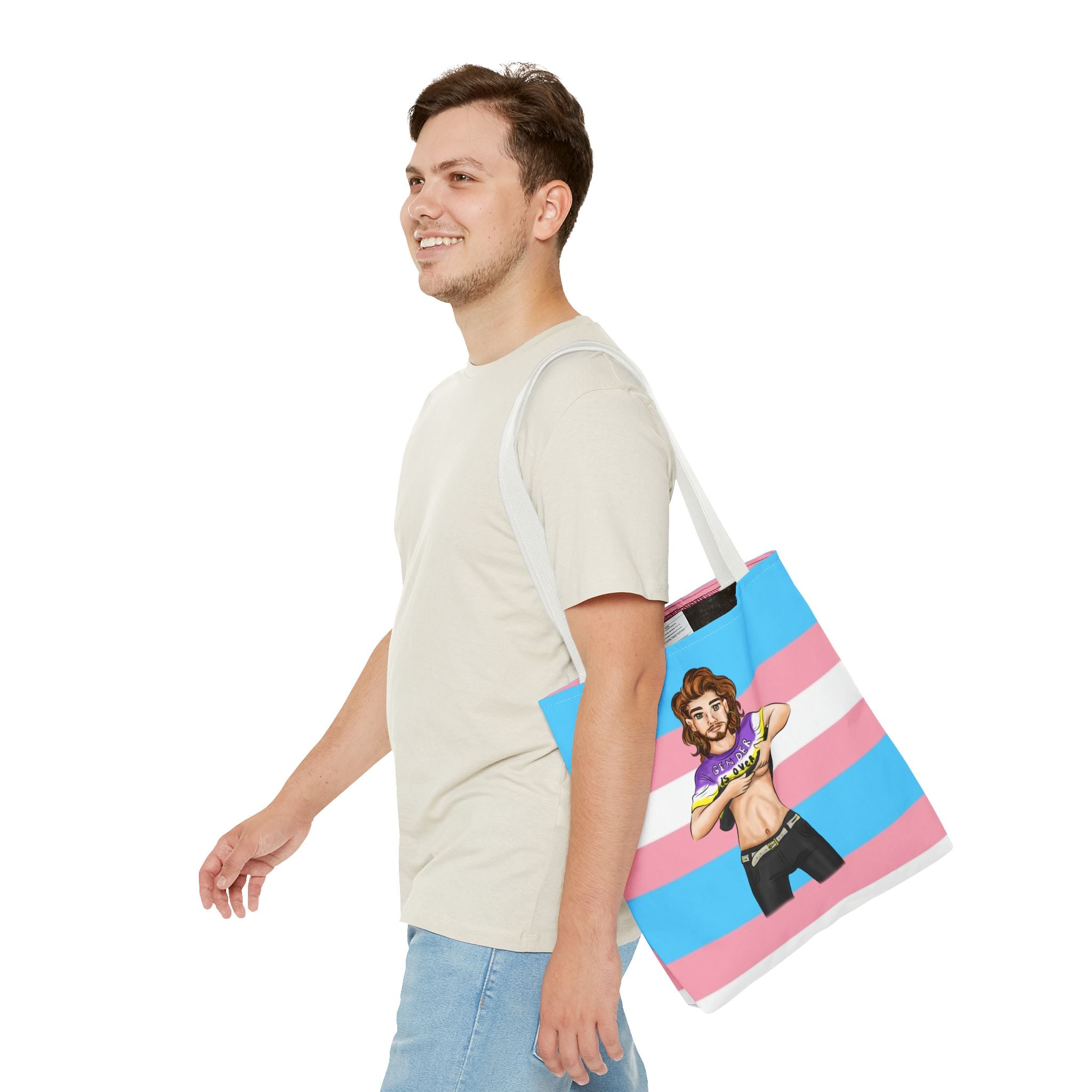 Trans Pride Tote Bag – “Gender Is Over” Art, Durable Polyester, Multiple Sizes | Inclusive LGBTQIA+ Accessory | Voce Lindx