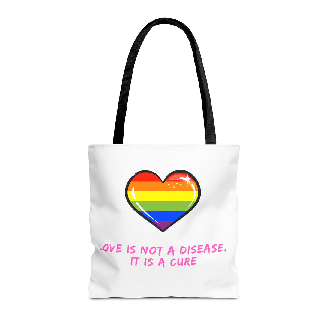Rainbow Heart Pride Tote Bag – “Love Is Not a Disease, It Is a Cure”, Durable Polyester, Multiple Sizes | Inclusive LGBTQIA+ Accessory | Voce Lindx