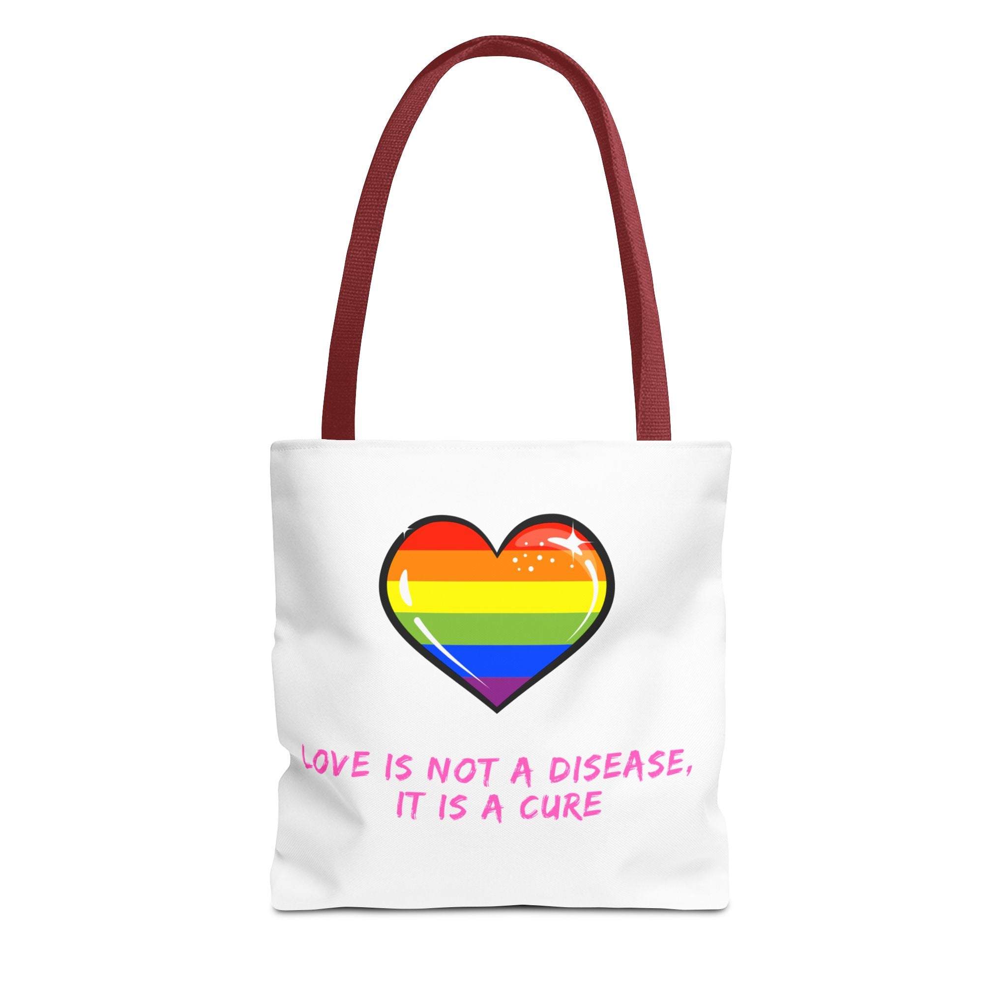 Rainbow Heart Pride Tote Bag – “Love Is Not a Disease, It Is a Cure”, Durable Polyester, Multiple Sizes | Inclusive LGBTQIA+ Accessory | Voce Lindx