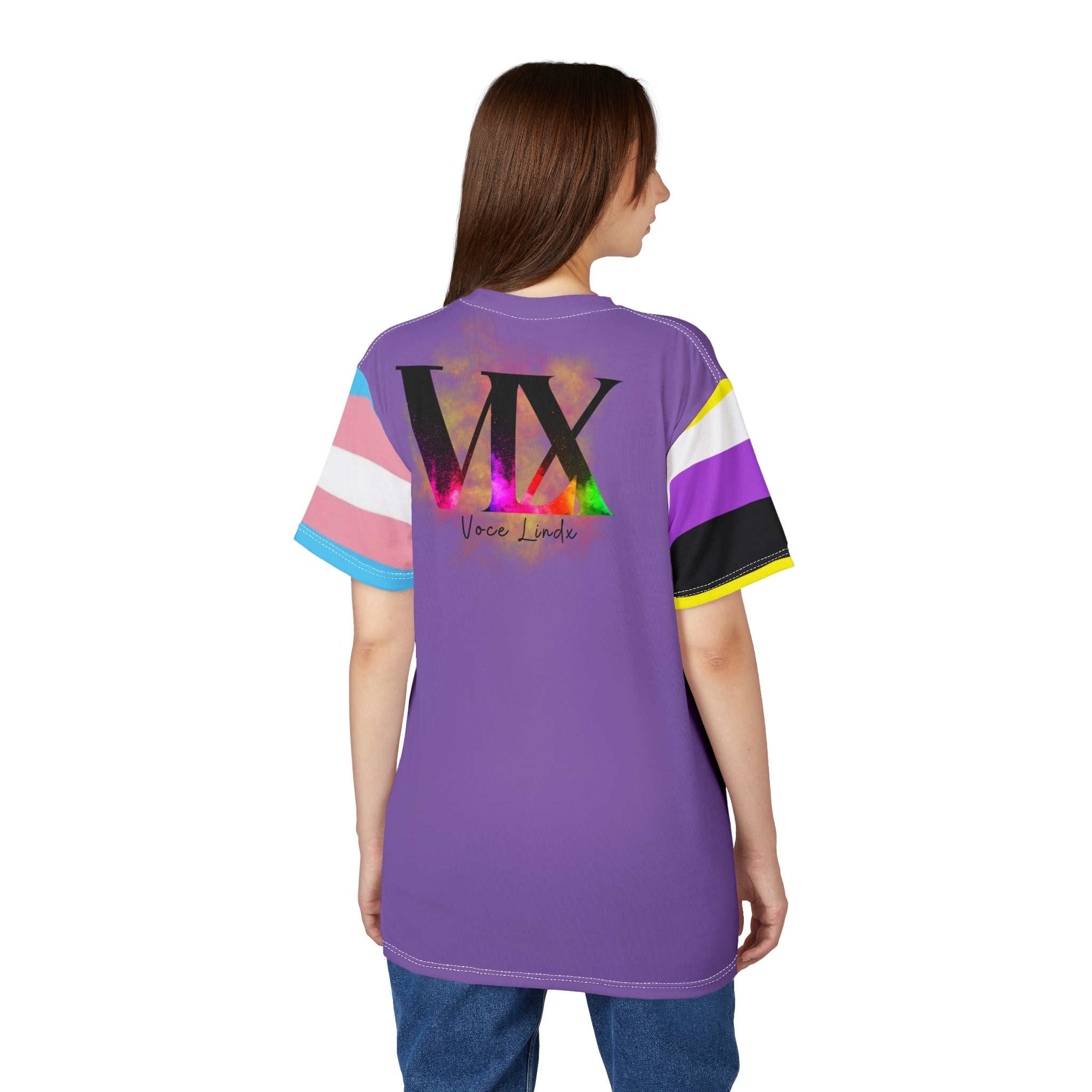 HE Gender-Free Pride Tee – Trans & Nonbinary Flag Sleeves, Inclusive LGBTQIA+ Fashion | Voce Lindx