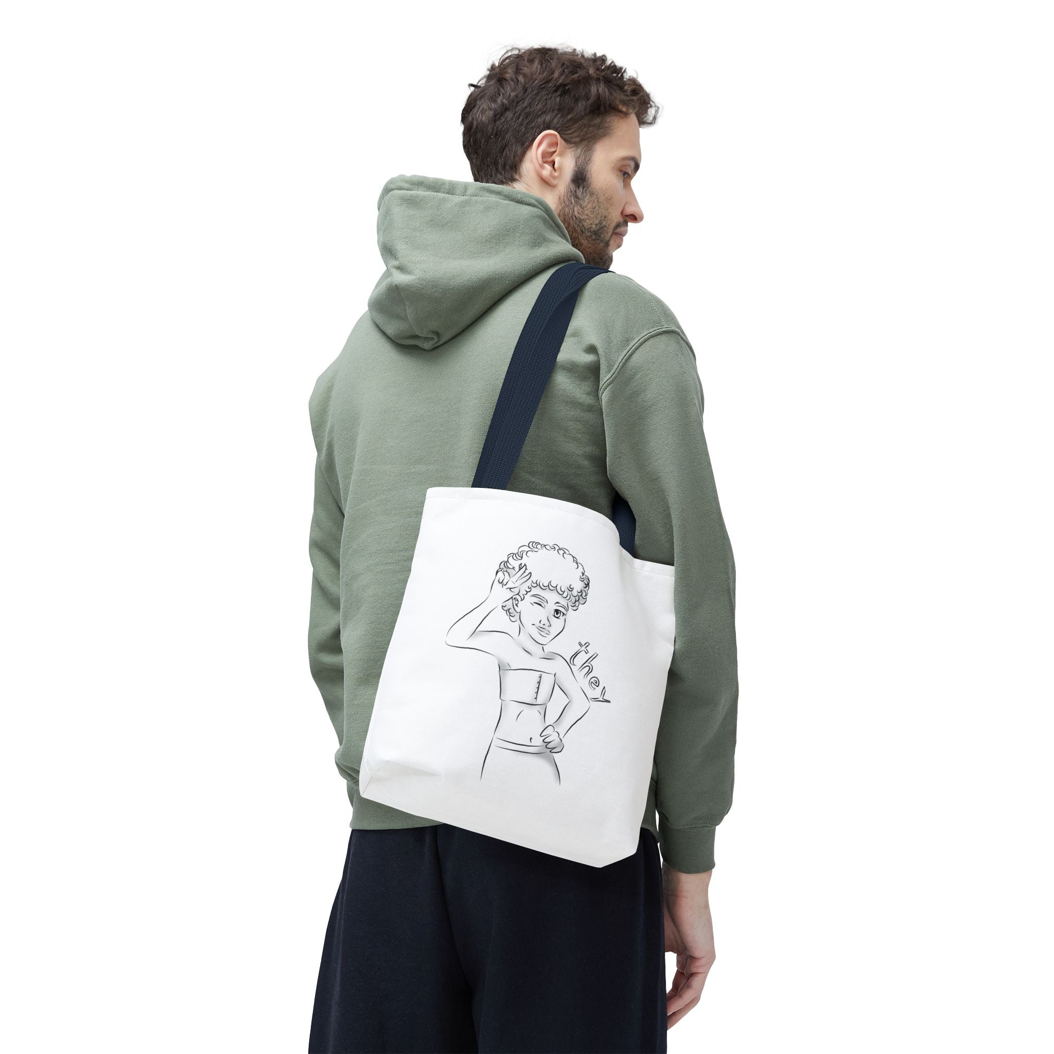 They Pronoun Tote Bag – Gender-Free, Black Line Art, Durable Polyester, Multiple Sizes | Inclusive LGBTQIA+ Accessory | Voce Lindx