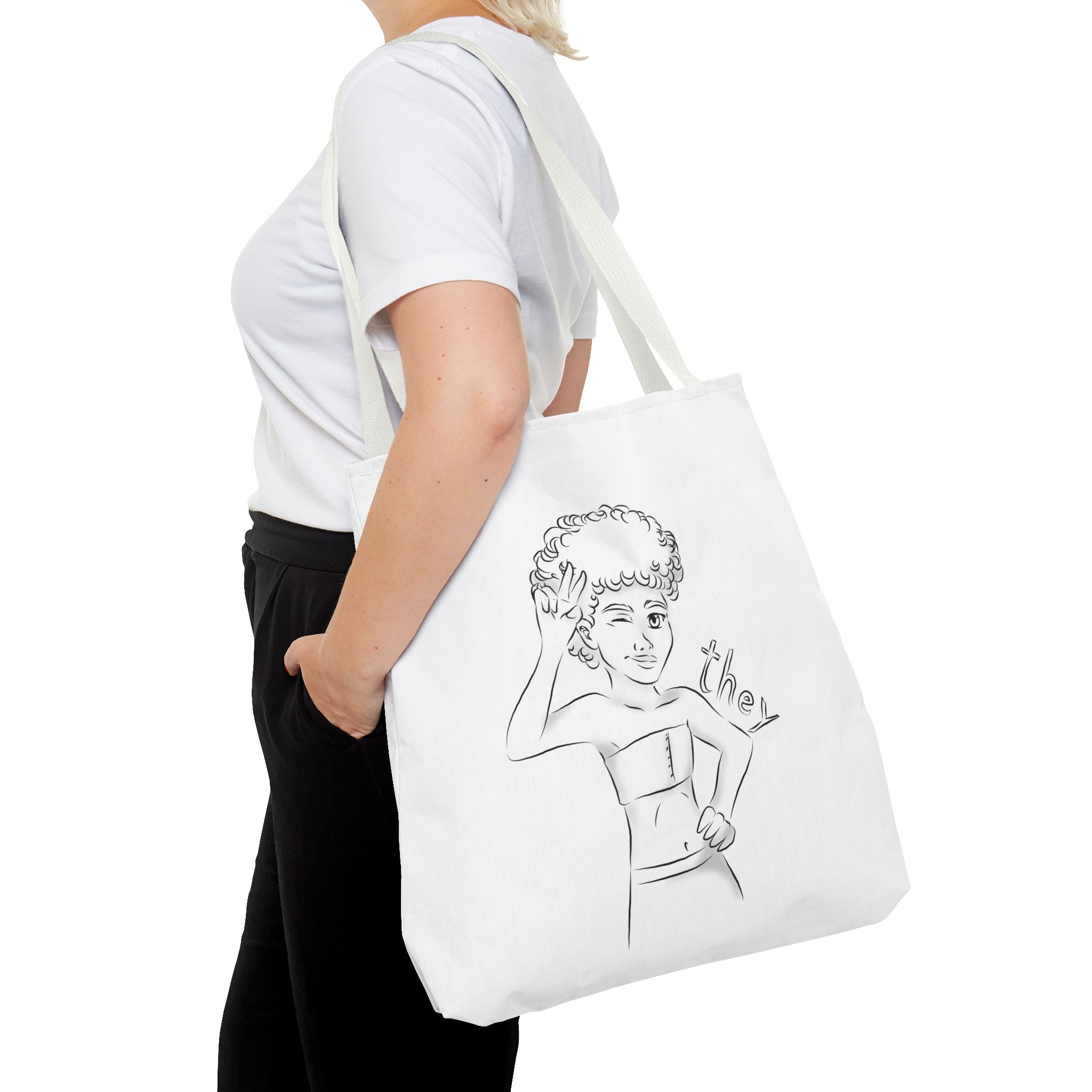 They Pronoun Tote Bag – Gender-Free, Black Line Art, Durable Polyester, Multiple Sizes | Inclusive LGBTQIA+ Accessory | Voce Lindx