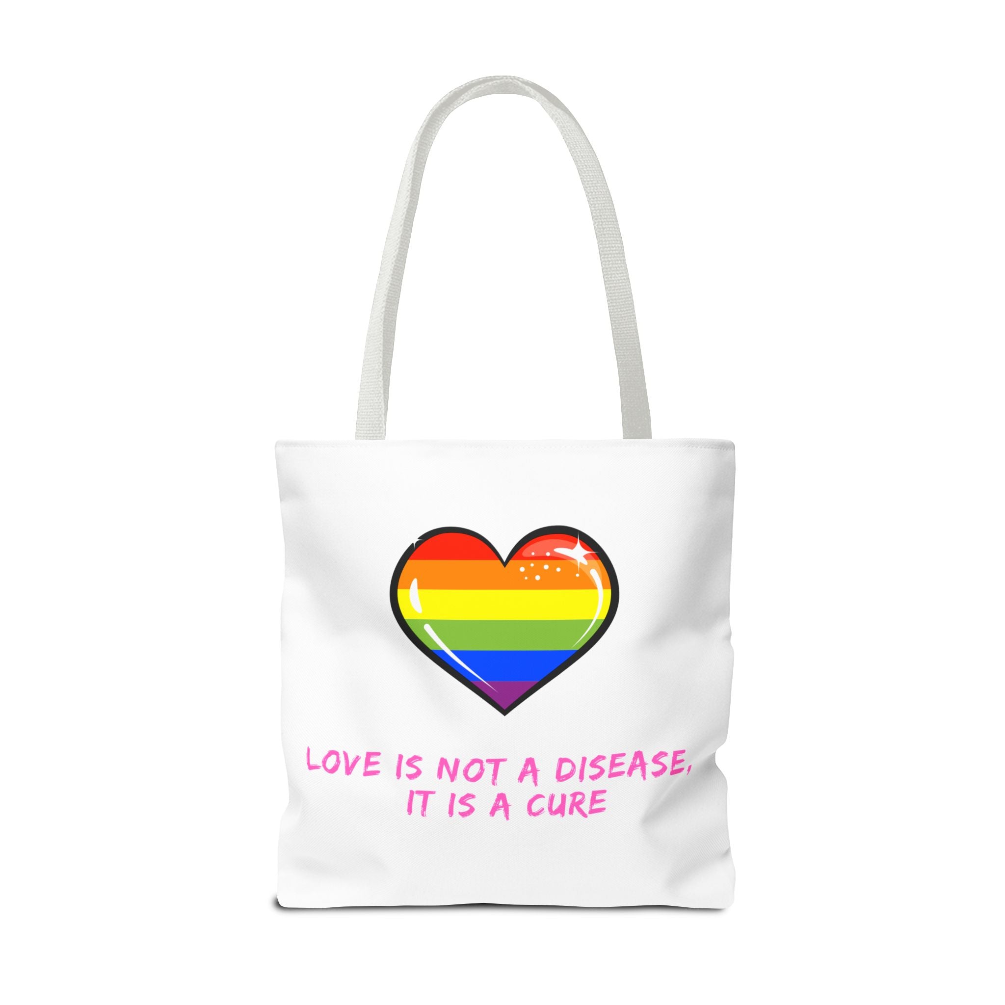 Rainbow Heart Pride Tote Bag – “Love Is Not a Disease, It Is a Cure”, Durable Polyester, Multiple Sizes | Inclusive LGBTQIA+ Accessory | Voce Lindx