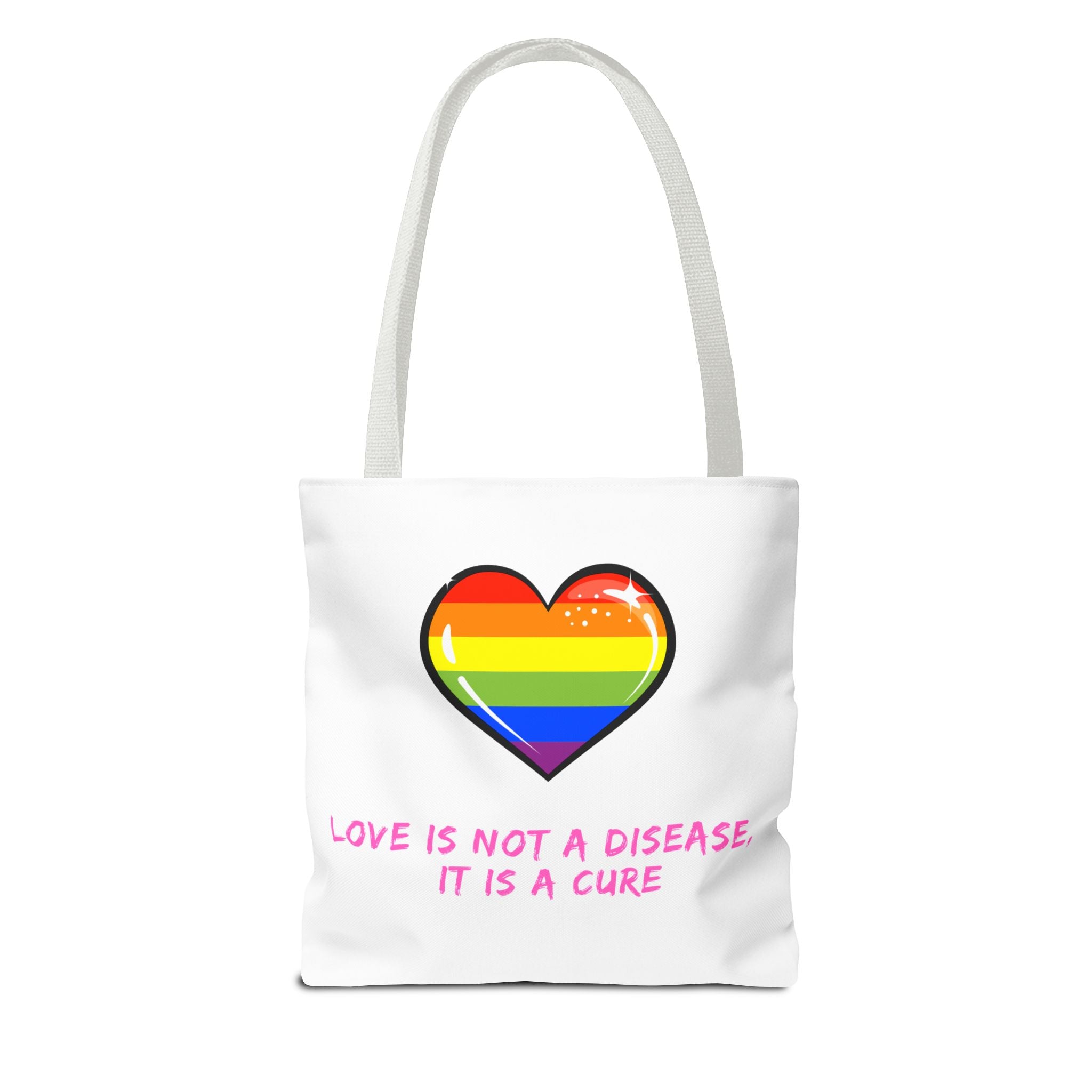 Rainbow Heart Pride Tote Bag – “Love Is Not a Disease, It Is a Cure”, Durable Polyester, Multiple Sizes | Inclusive LGBTQIA+ Accessory | Voce Lindx
