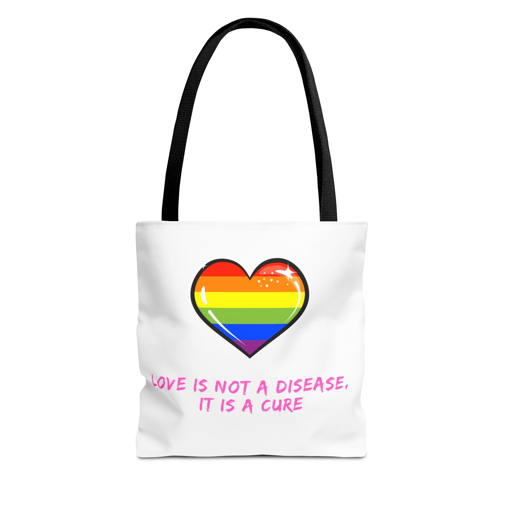 Rainbow Heart Pride Tote Bag – “Love Is Not a Disease, It Is a Cure”, Durable Polyester, Multiple Sizes | Inclusive LGBTQIA+ Accessory | Voce Lindx