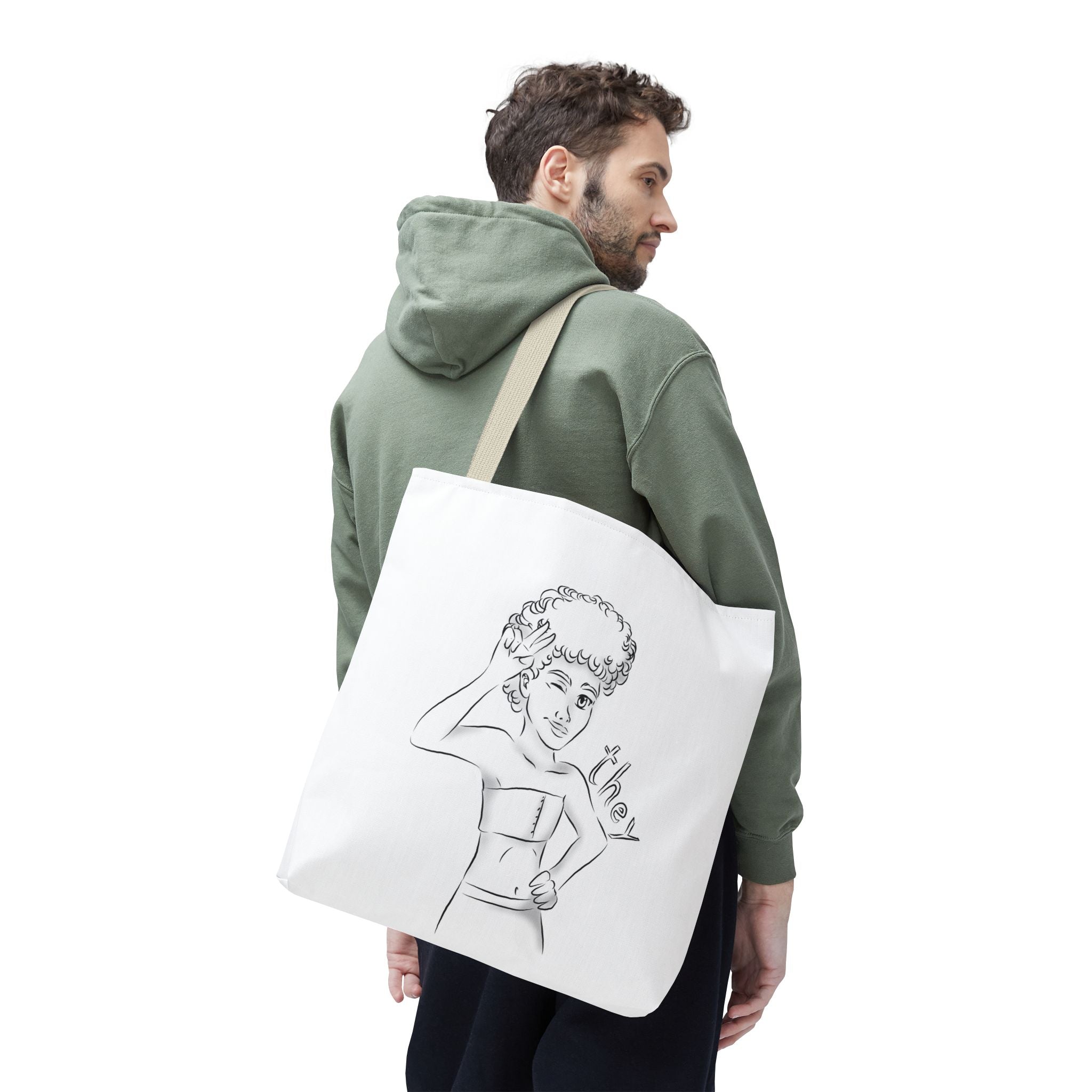 They Pronoun Tote Bag – Gender-Free, Black Line Art, Durable Polyester, Multiple Sizes | Inclusive LGBTQIA+ Accessory | Voce Lindx
