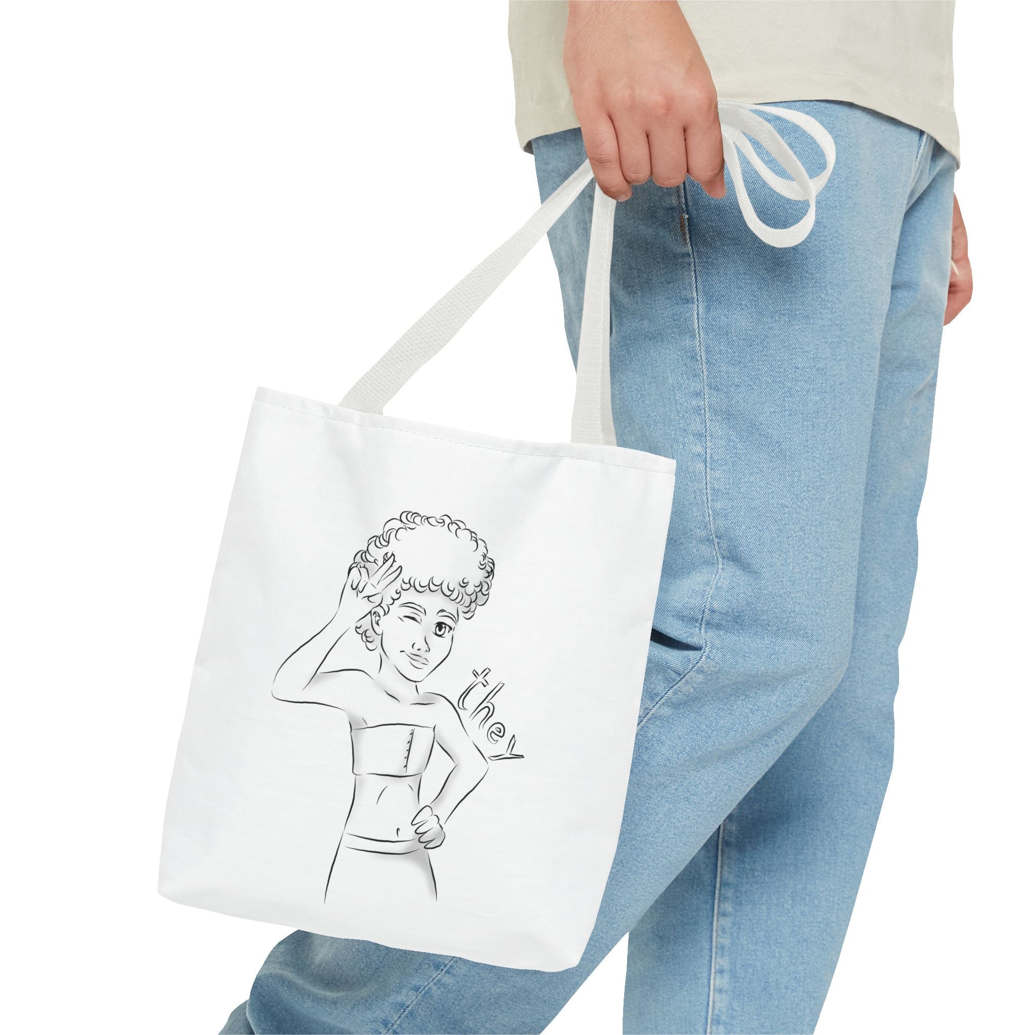 They Pronoun Tote Bag – Gender-Free, Black Line Art, Durable Polyester, Multiple Sizes | Inclusive LGBTQIA+ Accessory | Voce Lindx