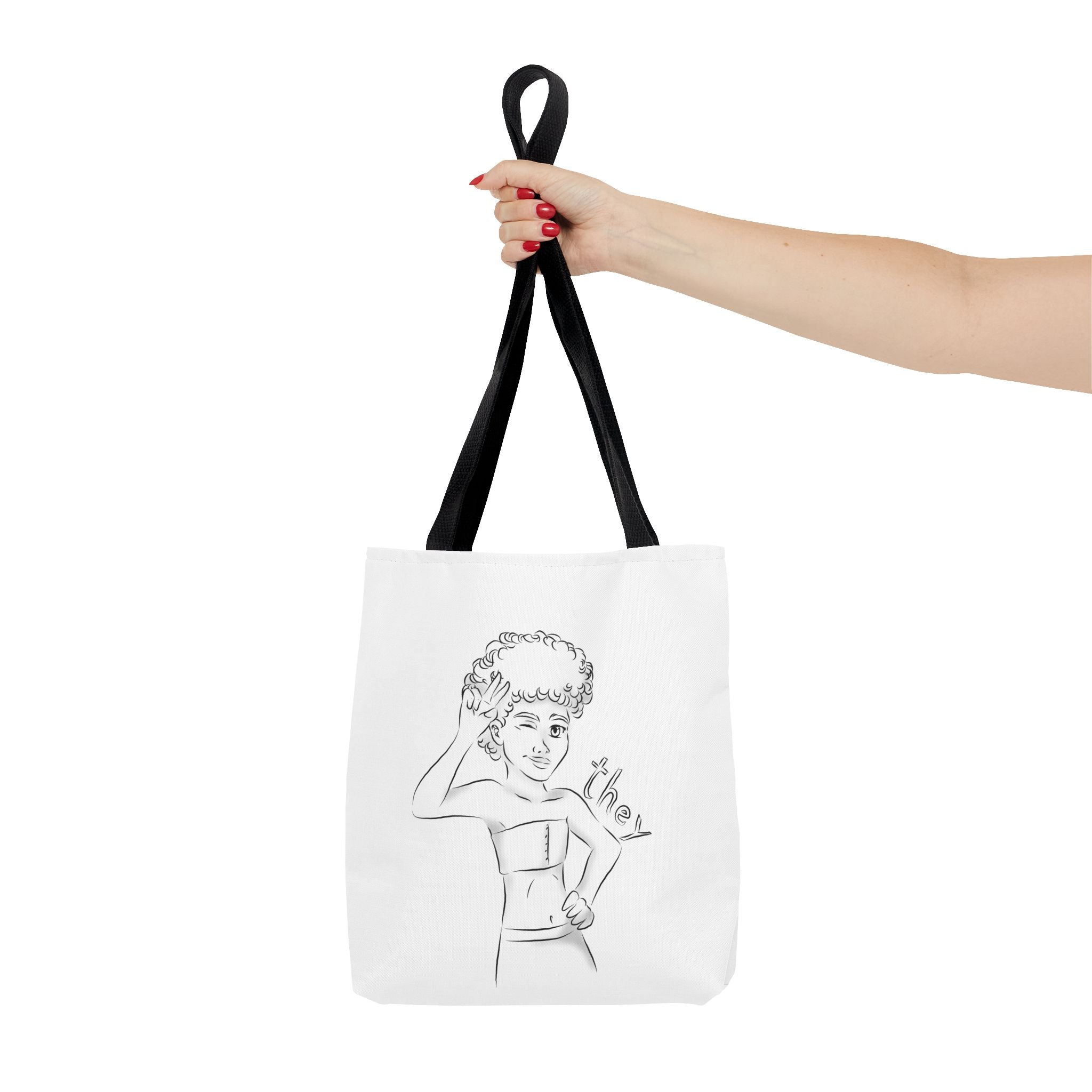 They Pronoun Tote Bag – Gender-Free, Black Line Art, Durable Polyester, Multiple Sizes | Inclusive LGBTQIA+ Accessory | Voce Lindx