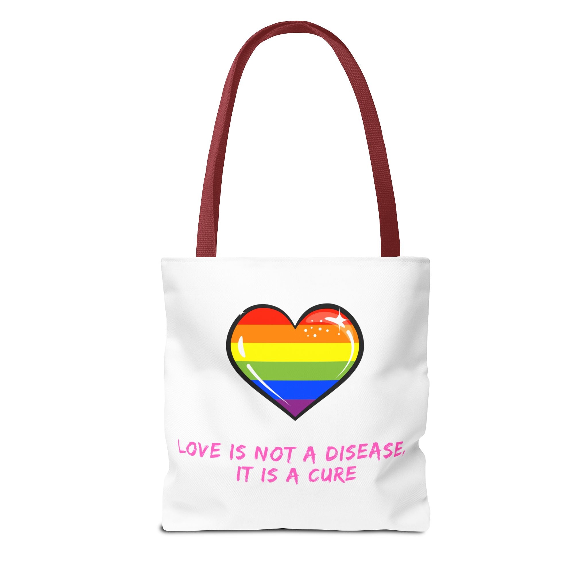 Rainbow Heart Pride Tote Bag – “Love Is Not a Disease, It Is a Cure”, Durable Polyester, Multiple Sizes | Inclusive LGBTQIA+ Accessory | Voce Lindx