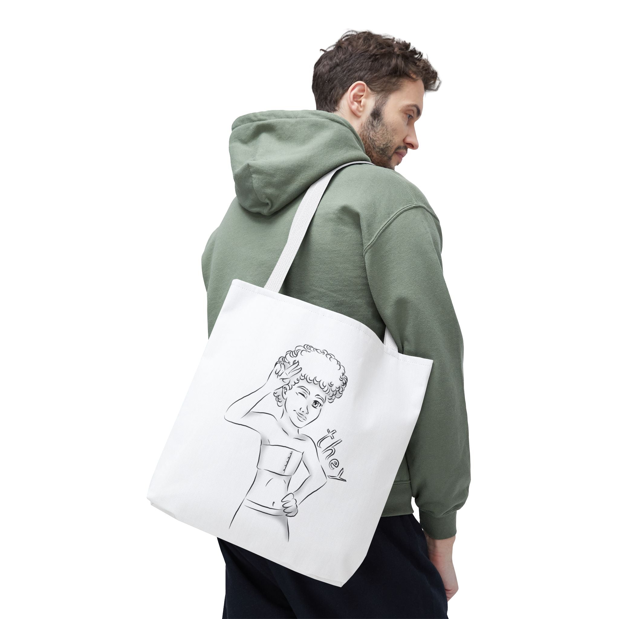 They Pronoun Tote Bag – Gender-Free, Black Line Art, Durable Polyester, Multiple Sizes | Inclusive LGBTQIA+ Accessory | Voce Lindx