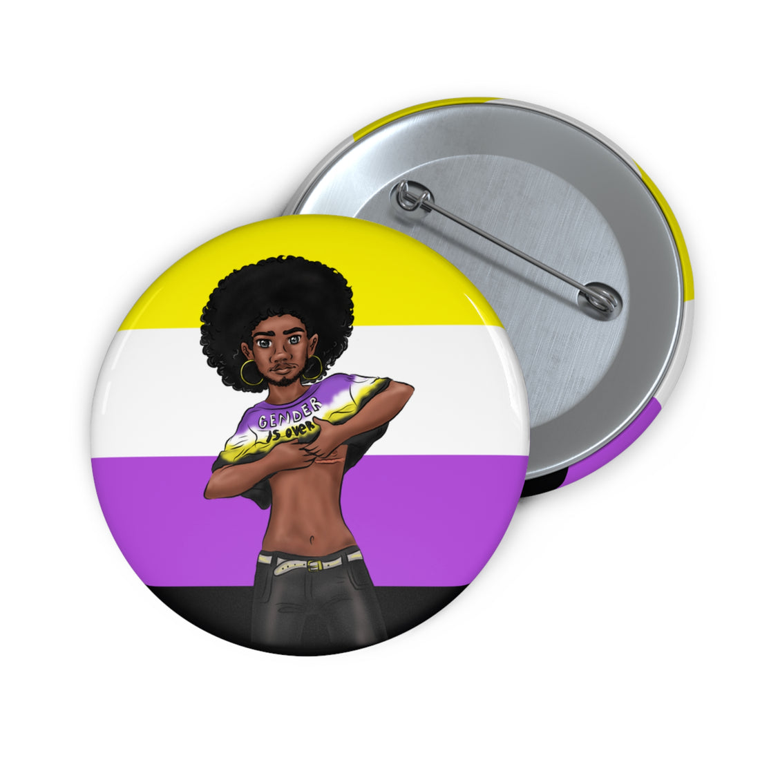 Nonbinary Pride Pin Button – Gender-Free, “Gender Is Over” Black Representation Art, Glossy Metal, Multiple Sizes | Voce Lindx