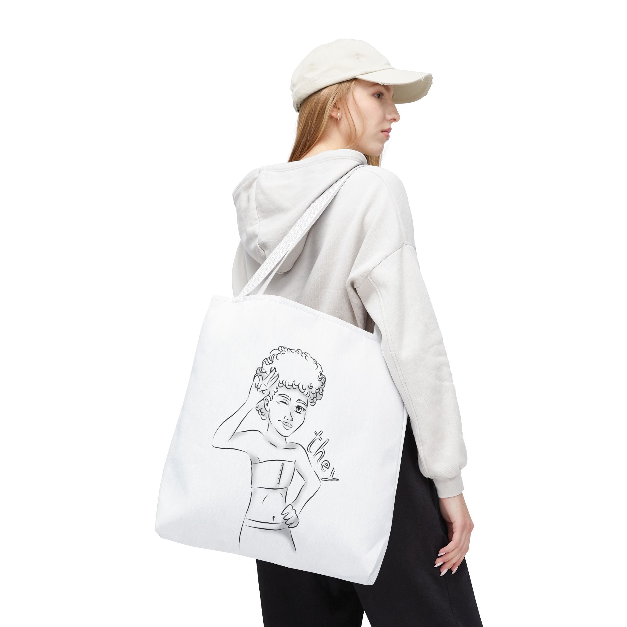 They Pronoun Tote Bag – Gender-Free, Black Line Art, Durable Polyester, Multiple Sizes | Inclusive LGBTQIA+ Accessory | Voce Lindx