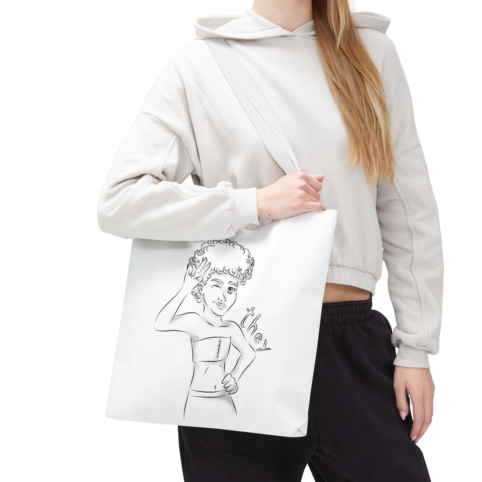 They Pronoun Tote Bag – Gender-Free, Black Line Art, Durable Polyester, Multiple Sizes | Inclusive LGBTQIA+ Accessory | Voce Lindx