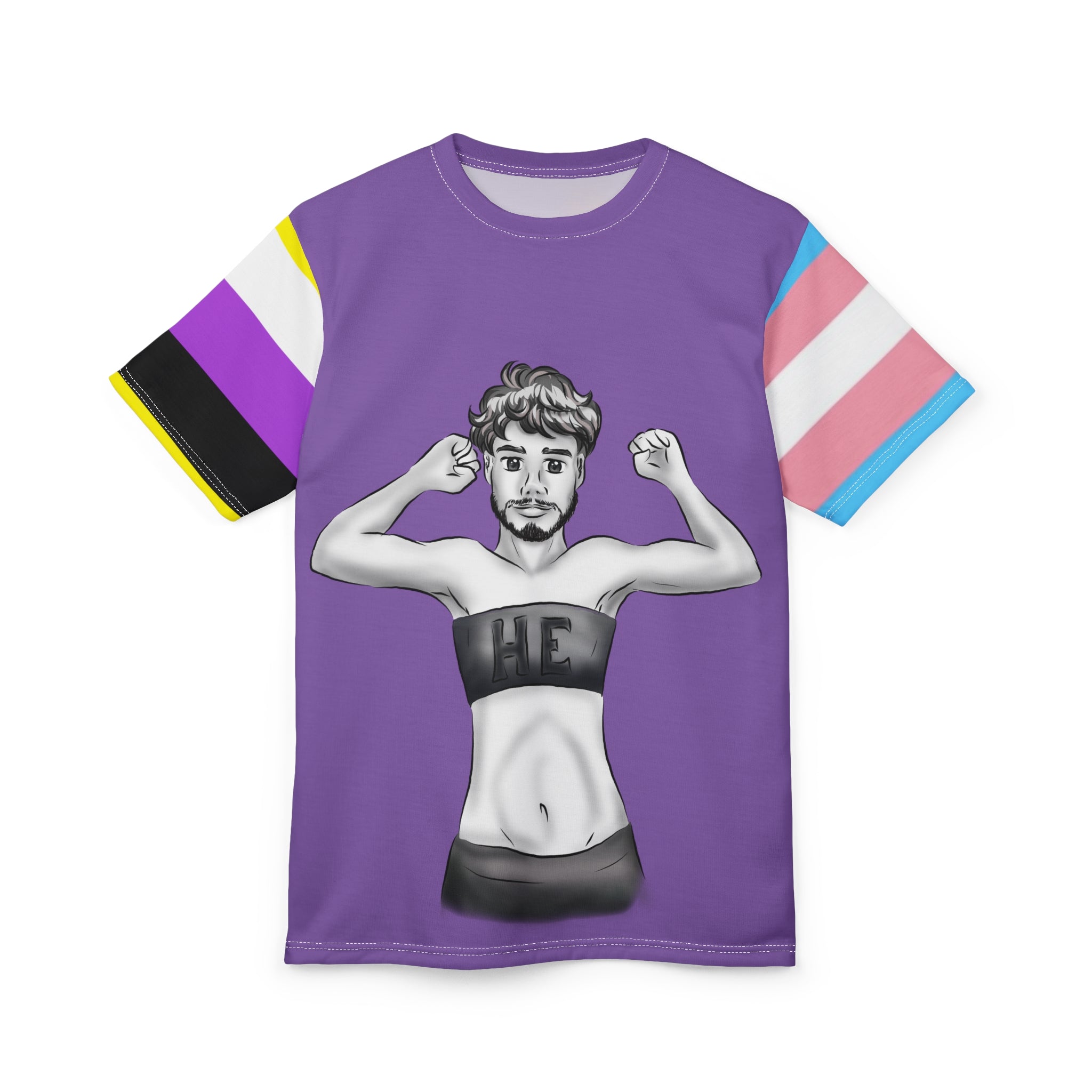 HE Gender-Free Pride Tee – Trans & Nonbinary Flag Sleeves, Inclusive LGBTQIA+ Fashion | Voce Lindx