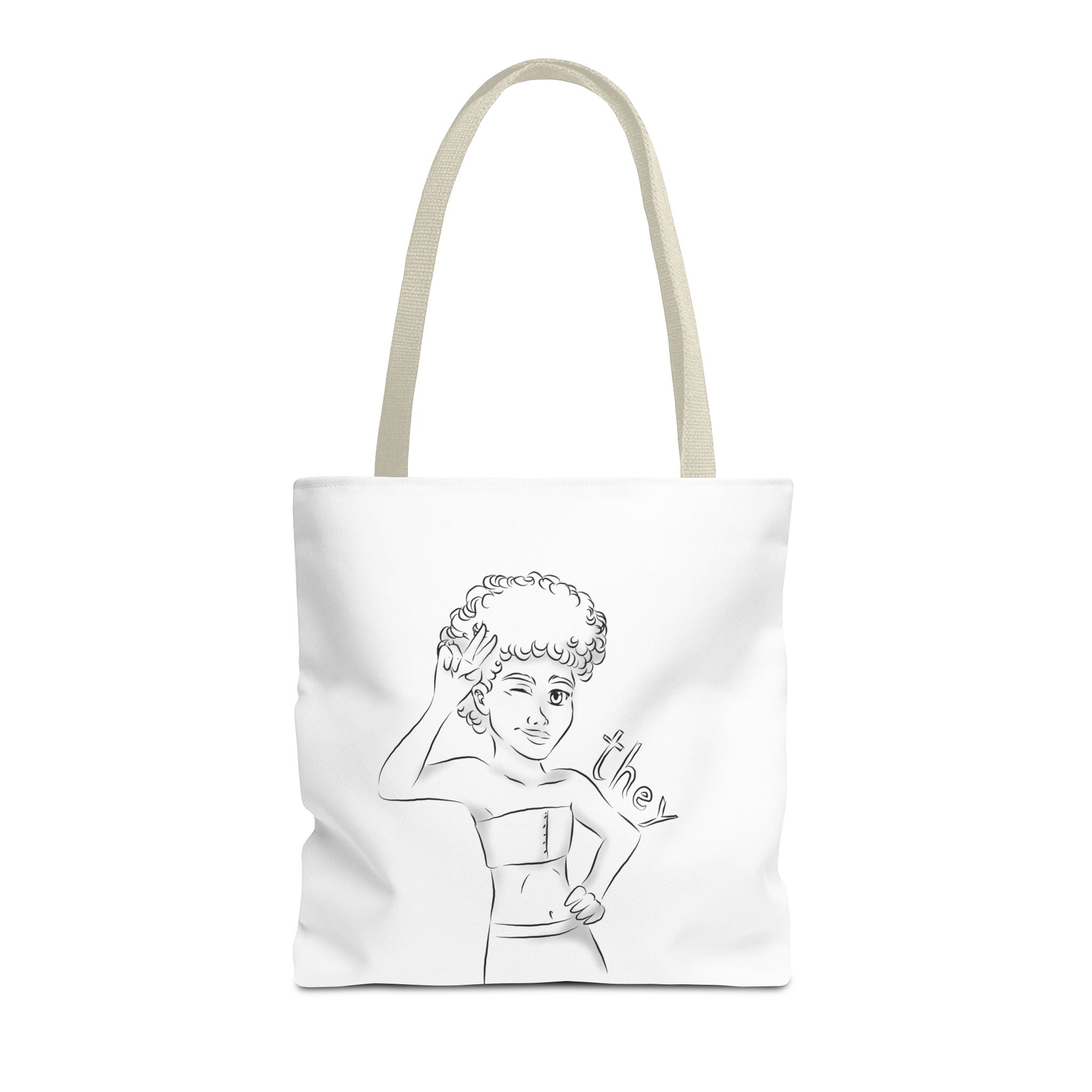 They Pronoun Tote Bag – Gender-Free, Black Line Art, Durable Polyester, Multiple Sizes | Inclusive LGBTQIA+ Accessory | Voce Lindx