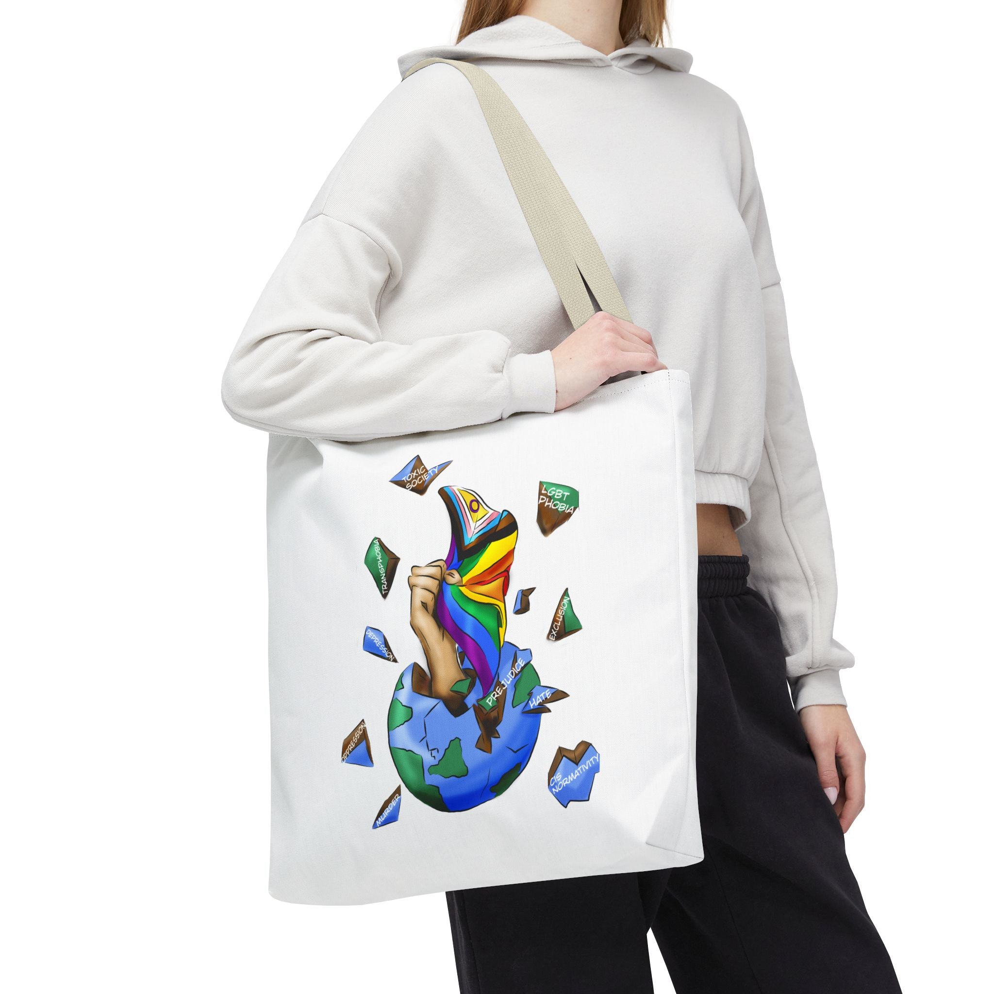 Progress Pride Flag Tote Bag – Breaking Barriers Art, Durable Polyester, Multiple Sizes | Inclusive LGBTQIA+ Accessory | Voce Lindx