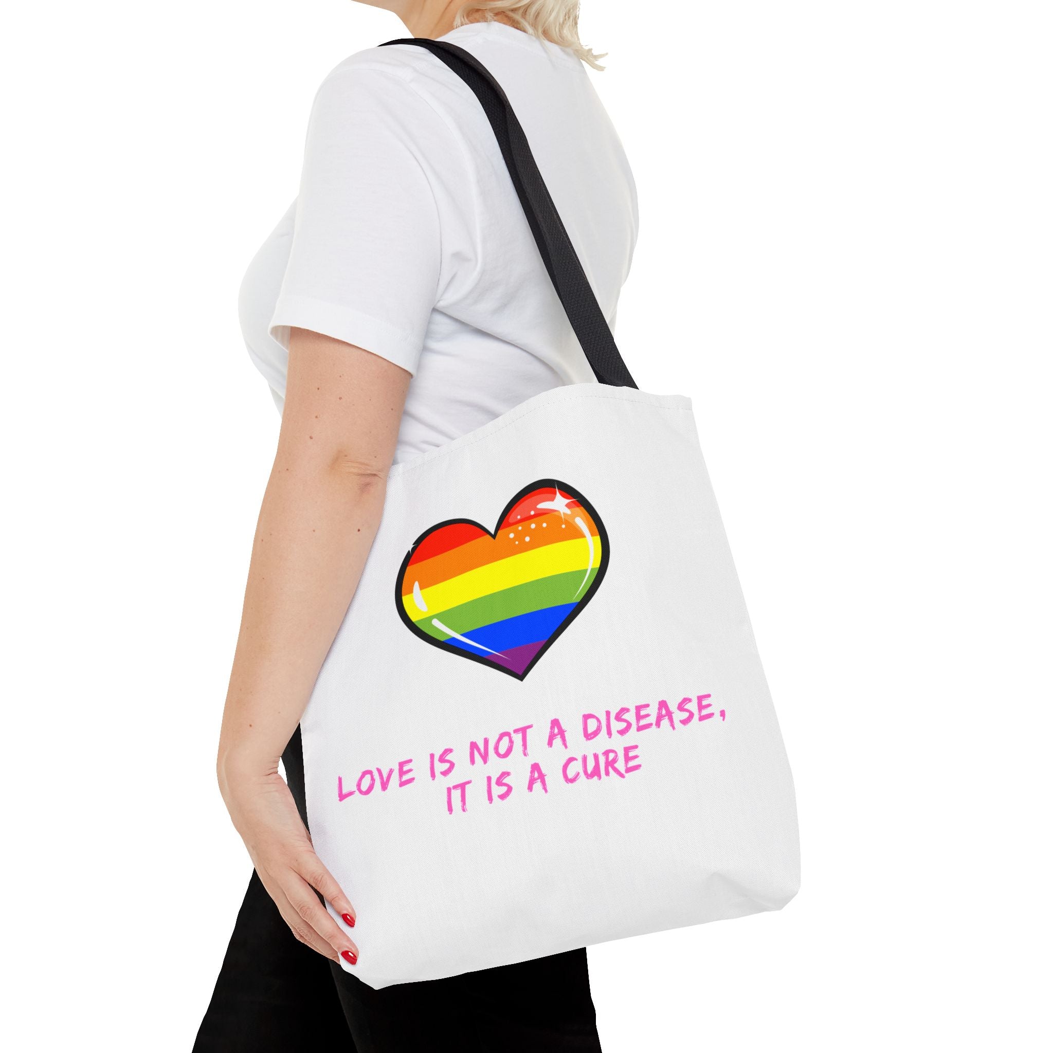 Rainbow Heart Pride Tote Bag – “Love Is Not a Disease, It Is a Cure”, Durable Polyester, Multiple Sizes | Inclusive LGBTQIA+ Accessory | Voce Lindx