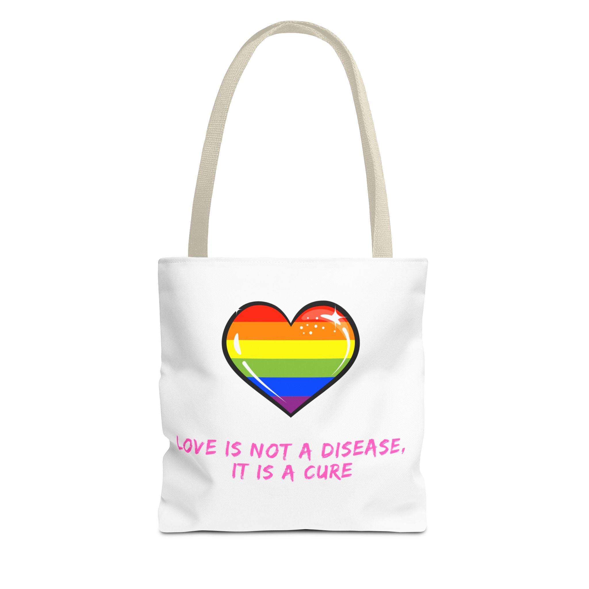 Rainbow Heart Pride Tote Bag – “Love Is Not a Disease, It Is a Cure”, Durable Polyester, Multiple Sizes | Inclusive LGBTQIA+ Accessory | Voce Lindx