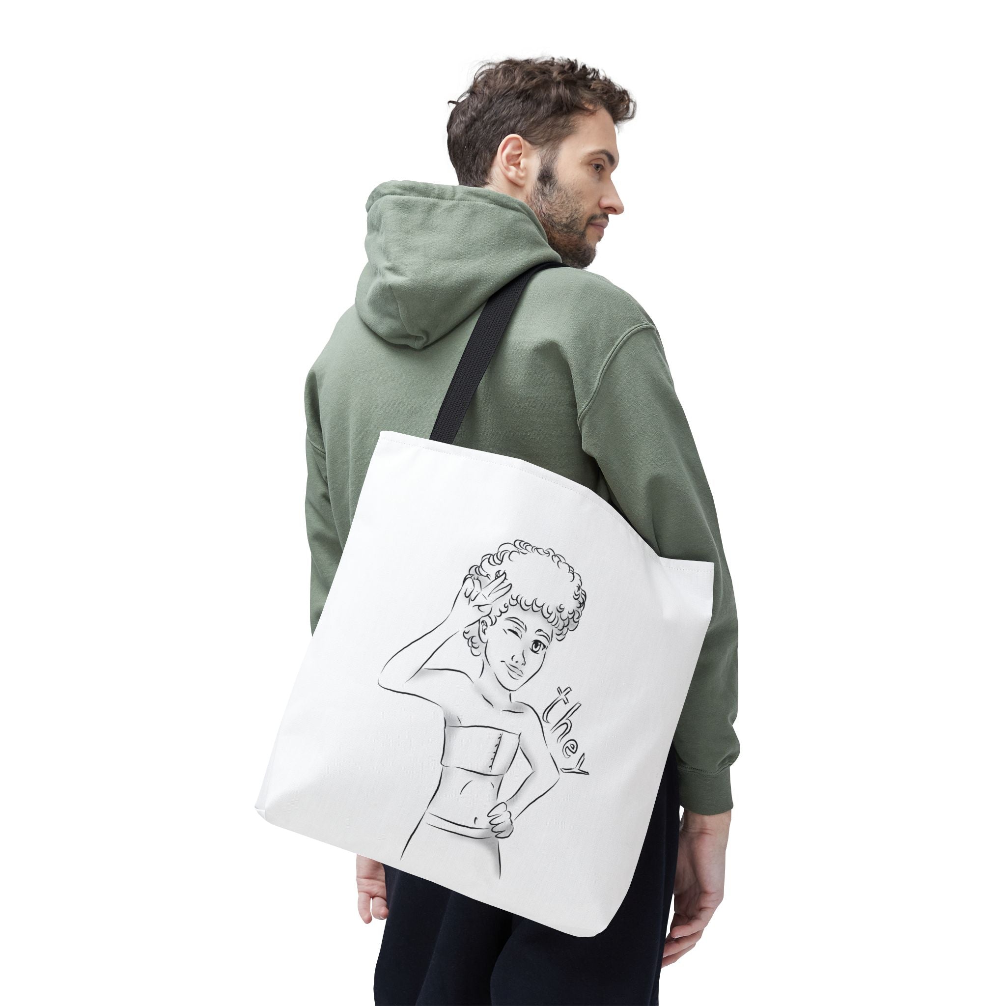 They Pronoun Tote Bag – Gender-Free, Black Line Art, Durable Polyester, Multiple Sizes | Inclusive LGBTQIA+ Accessory | Voce Lindx
