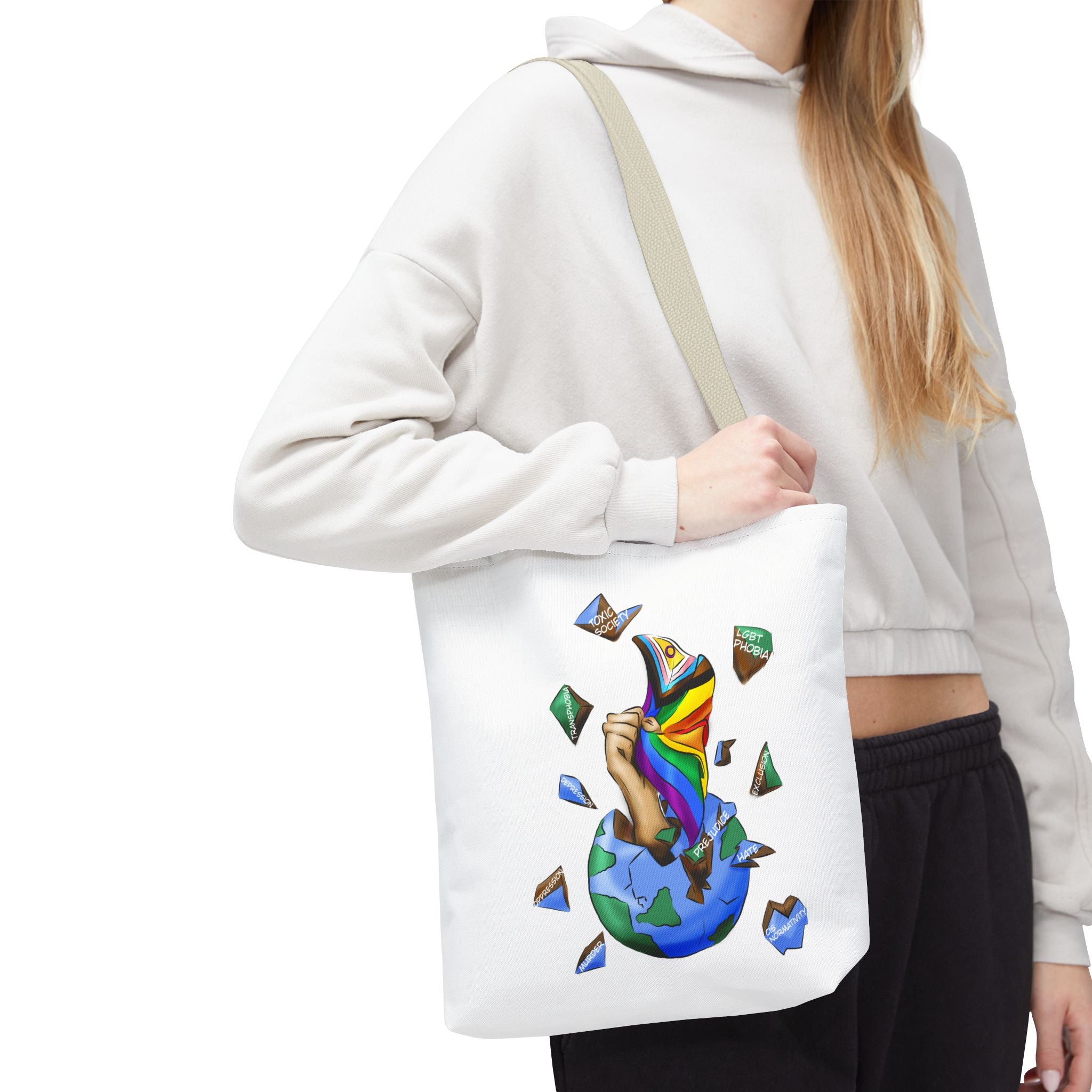 Progress Pride Flag Tote Bag – Breaking Barriers Art, Durable Polyester, Multiple Sizes | Inclusive LGBTQIA+ Accessory | Voce Lindx