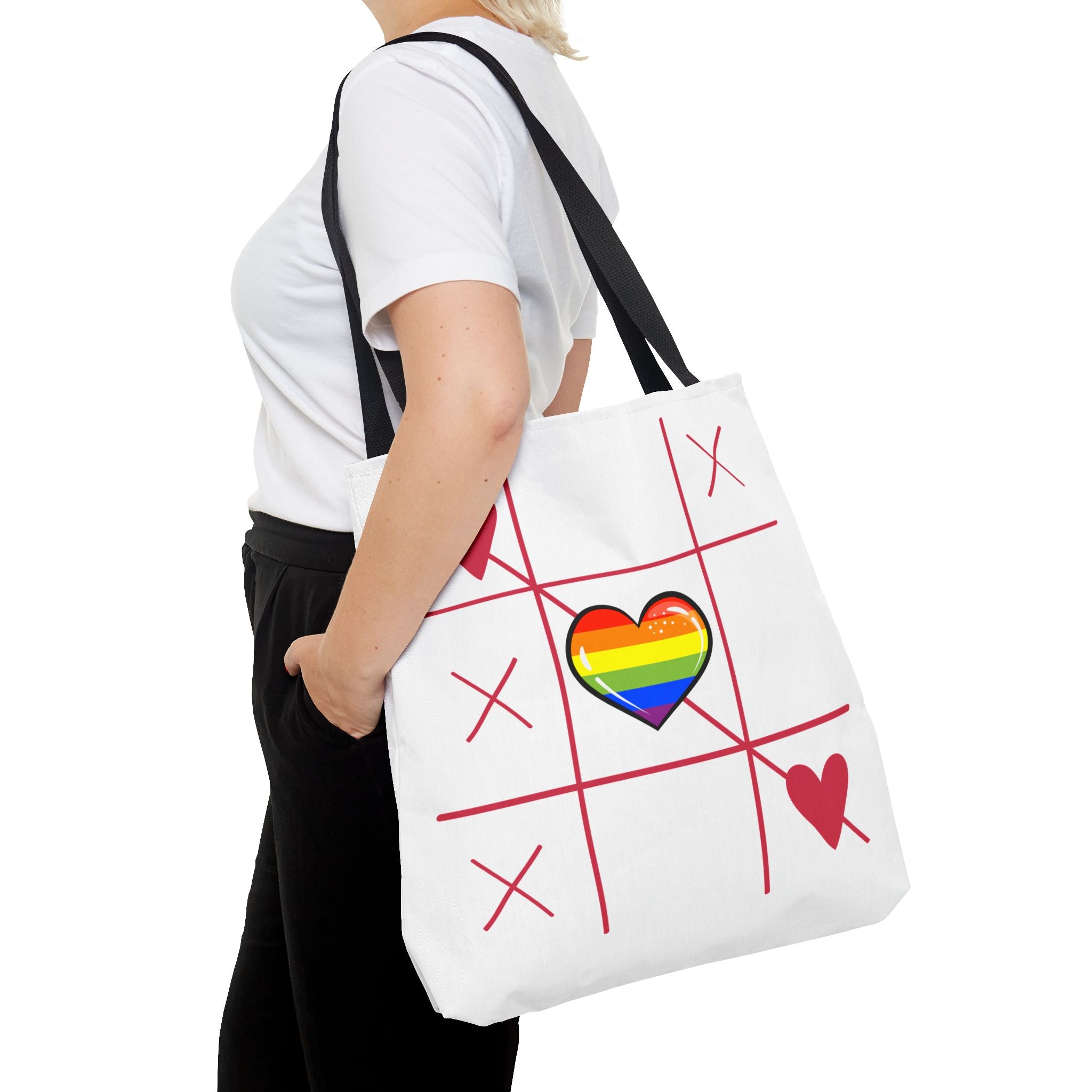 Rainbow Love Tote Bag – Tic Tac Toe Heart, Durable Polyester, Multiple Sizes | Inclusive LGBTQIA+ Accessory | Voce Lindx