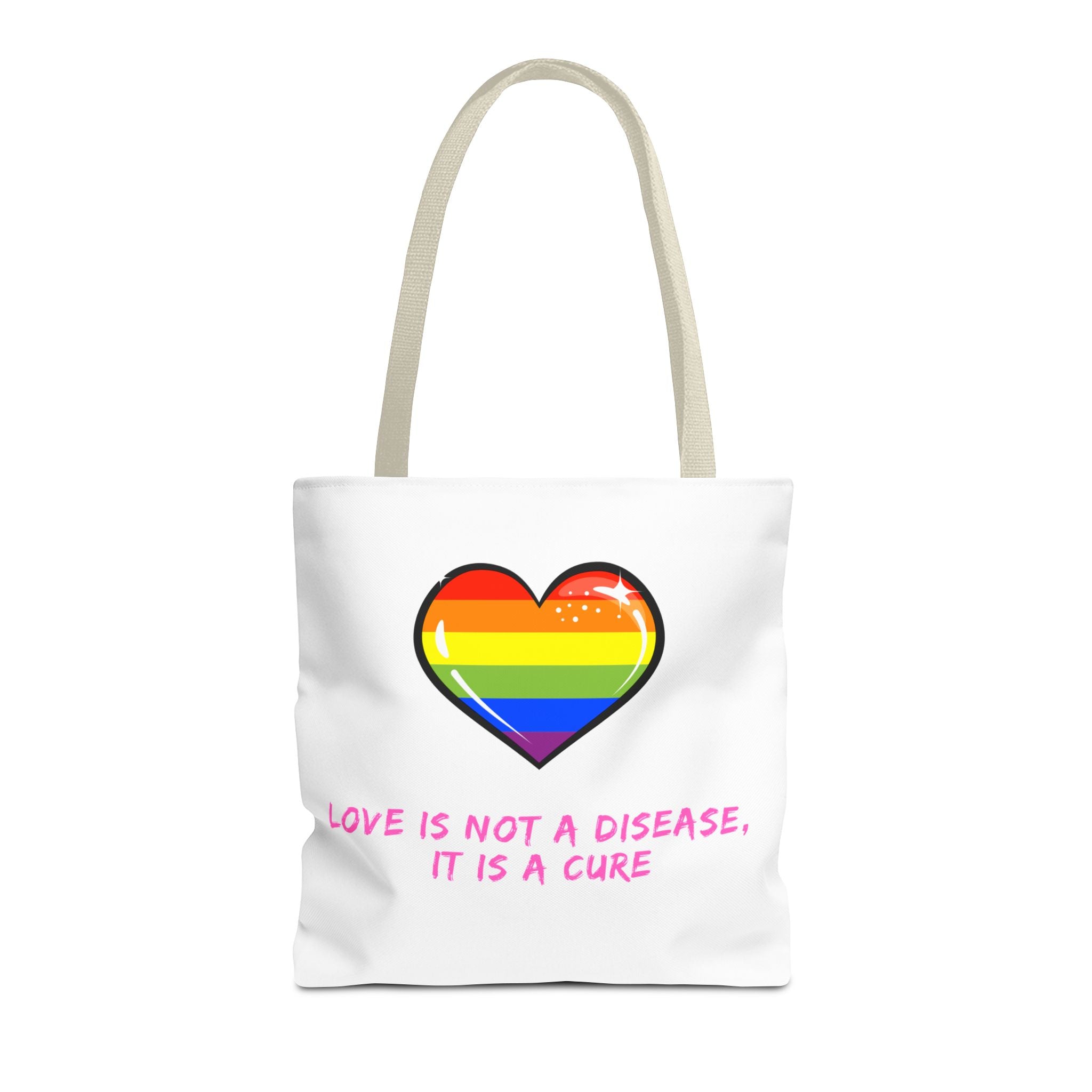 Rainbow Heart Pride Tote Bag – “Love Is Not a Disease, It Is a Cure”, Durable Polyester, Multiple Sizes | Inclusive LGBTQIA+ Accessory | Voce Lindx