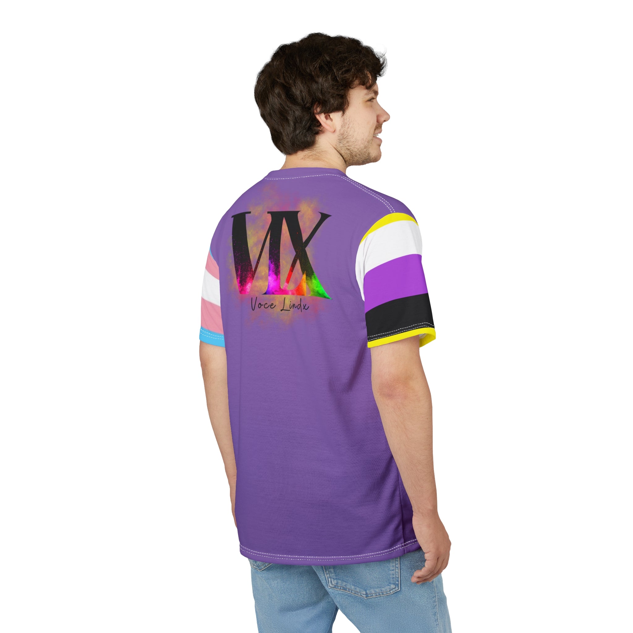 HE Gender-Free Pride Tee – Trans & Nonbinary Flag Sleeves, Inclusive LGBTQIA+ Fashion | Voce Lindx