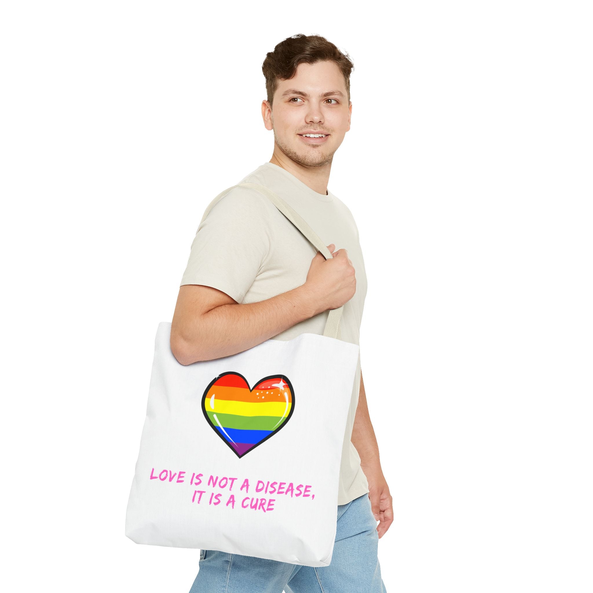 Rainbow Heart Pride Tote Bag – “Love Is Not a Disease, It Is a Cure”, Durable Polyester, Multiple Sizes | Inclusive LGBTQIA+ Accessory | Voce Lindx