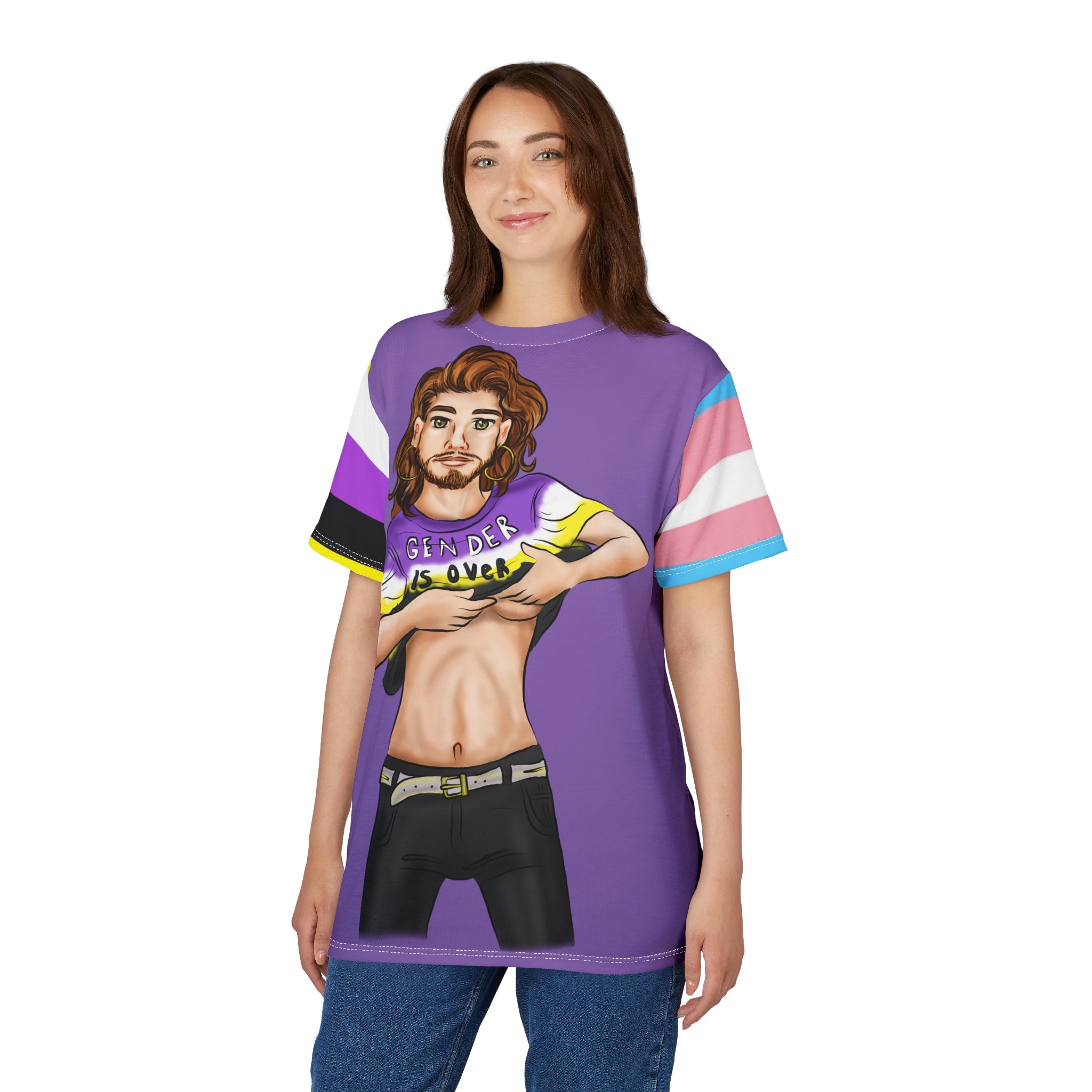 Gender Is Over Gender-Free Tee – Nonbinary & Trans Pride Sleeves, Inclusive LGBTQIA+ Art, Lightweight Polyester | Voce Lindx