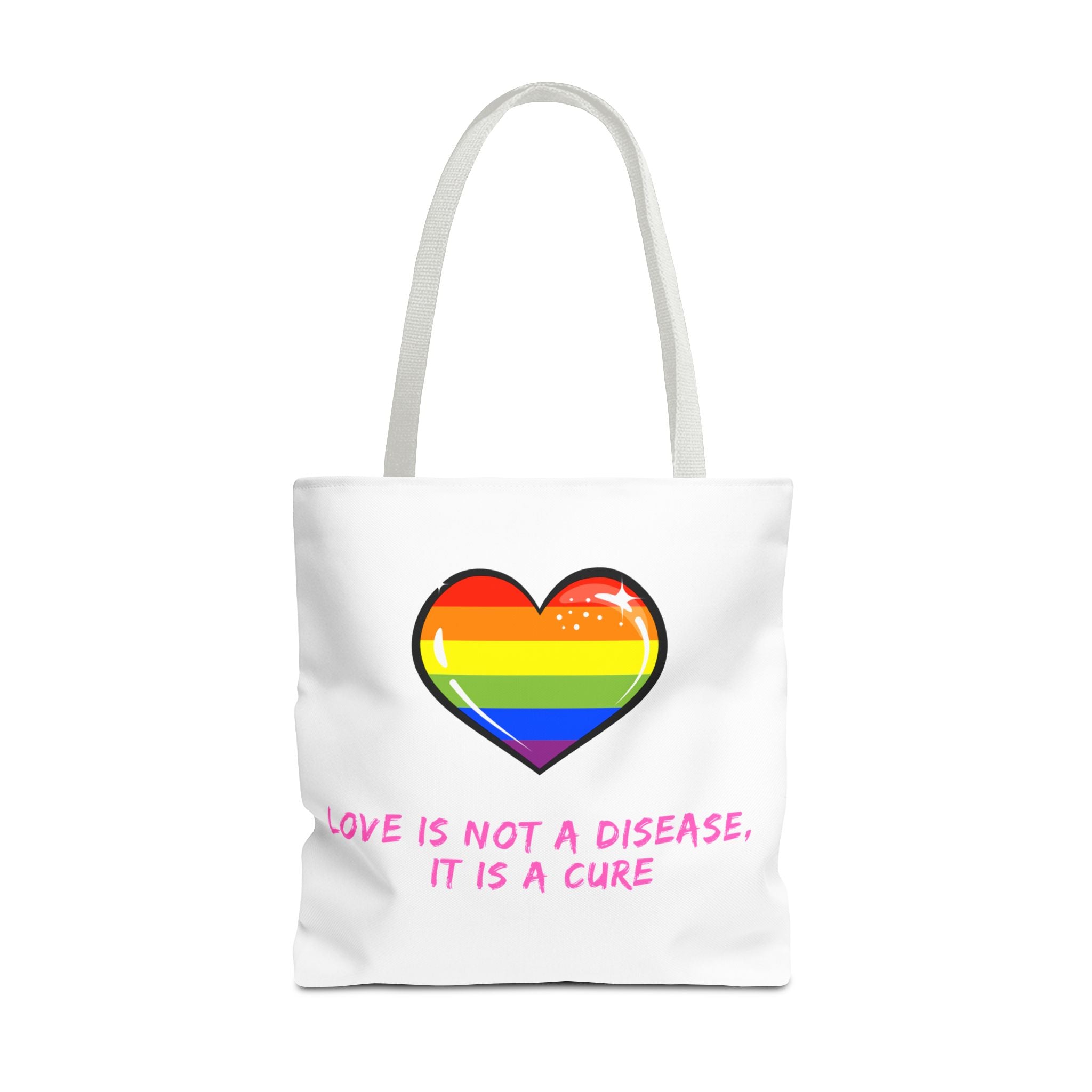 Rainbow Heart Pride Tote Bag – “Love Is Not a Disease, It Is a Cure”, Durable Polyester, Multiple Sizes | Inclusive LGBTQIA+ Accessory | Voce Lindx