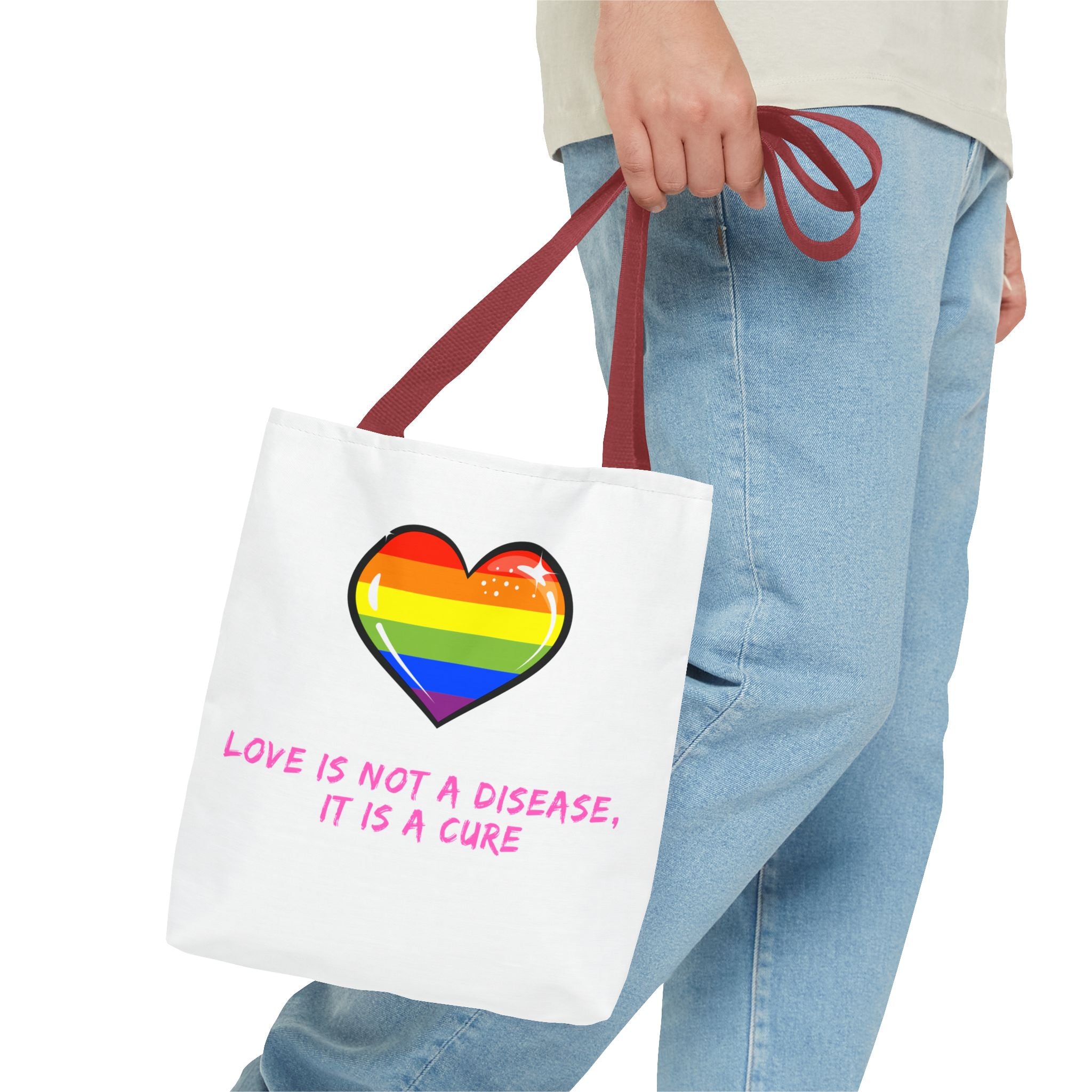 Rainbow Heart Pride Tote Bag – “Love Is Not a Disease, It Is a Cure”, Durable Polyester, Multiple Sizes | Inclusive LGBTQIA+ Accessory | Voce Lindx