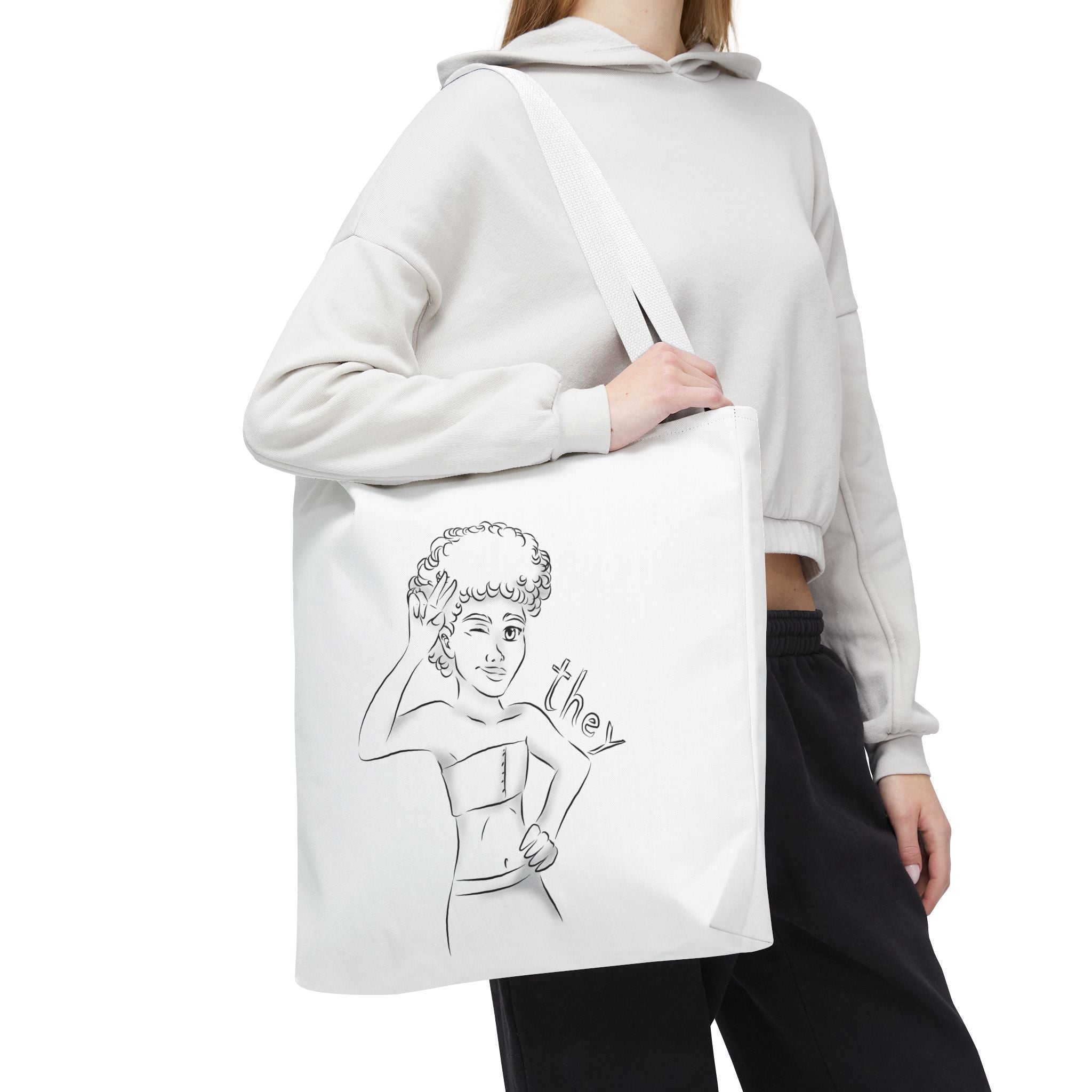 They Pronoun Tote Bag – Gender-Free, Black Line Art, Durable Polyester, Multiple Sizes | Inclusive LGBTQIA+ Accessory | Voce Lindx