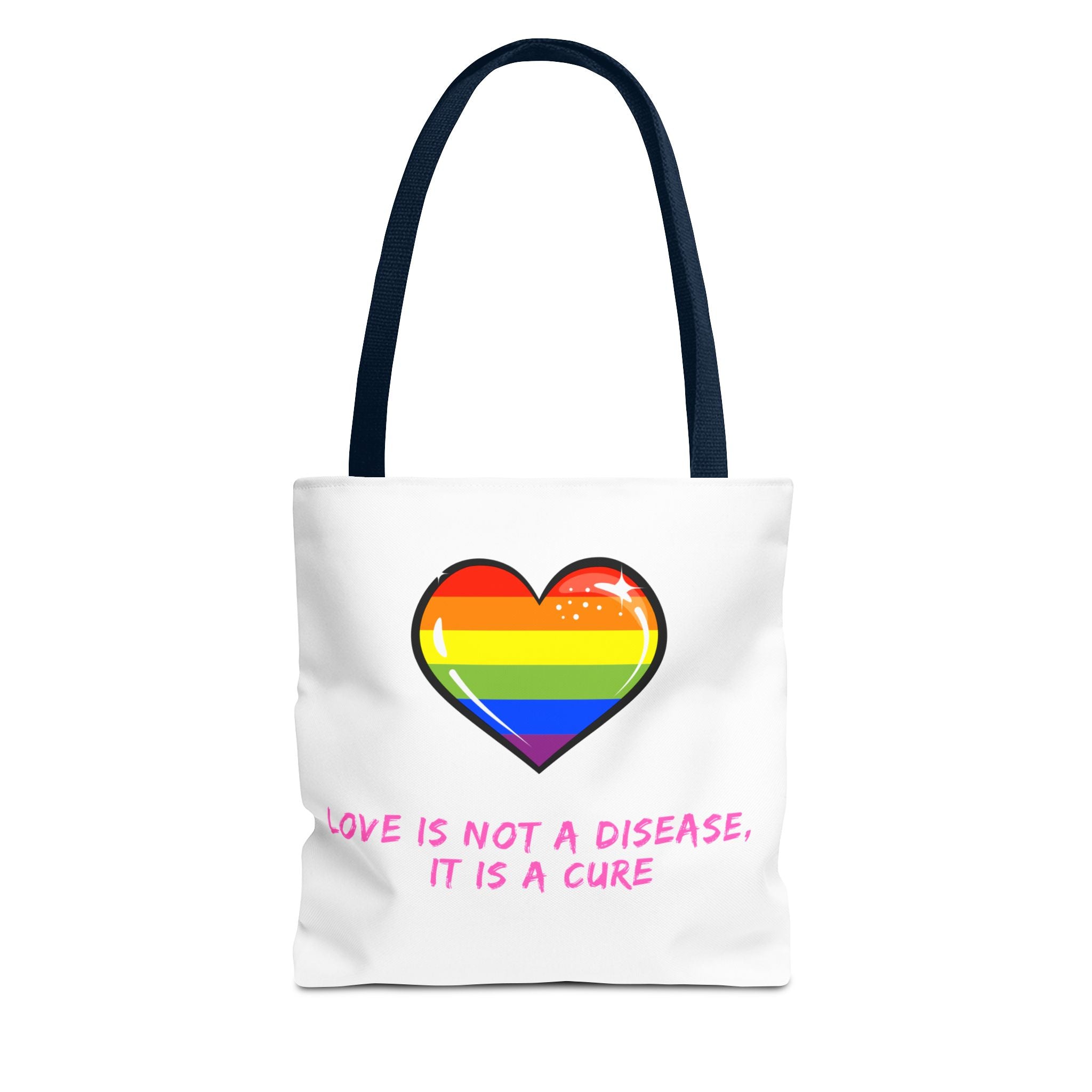 Rainbow Heart Pride Tote Bag – “Love Is Not a Disease, It Is a Cure”, Durable Polyester, Multiple Sizes | Inclusive LGBTQIA+ Accessory | Voce Lindx